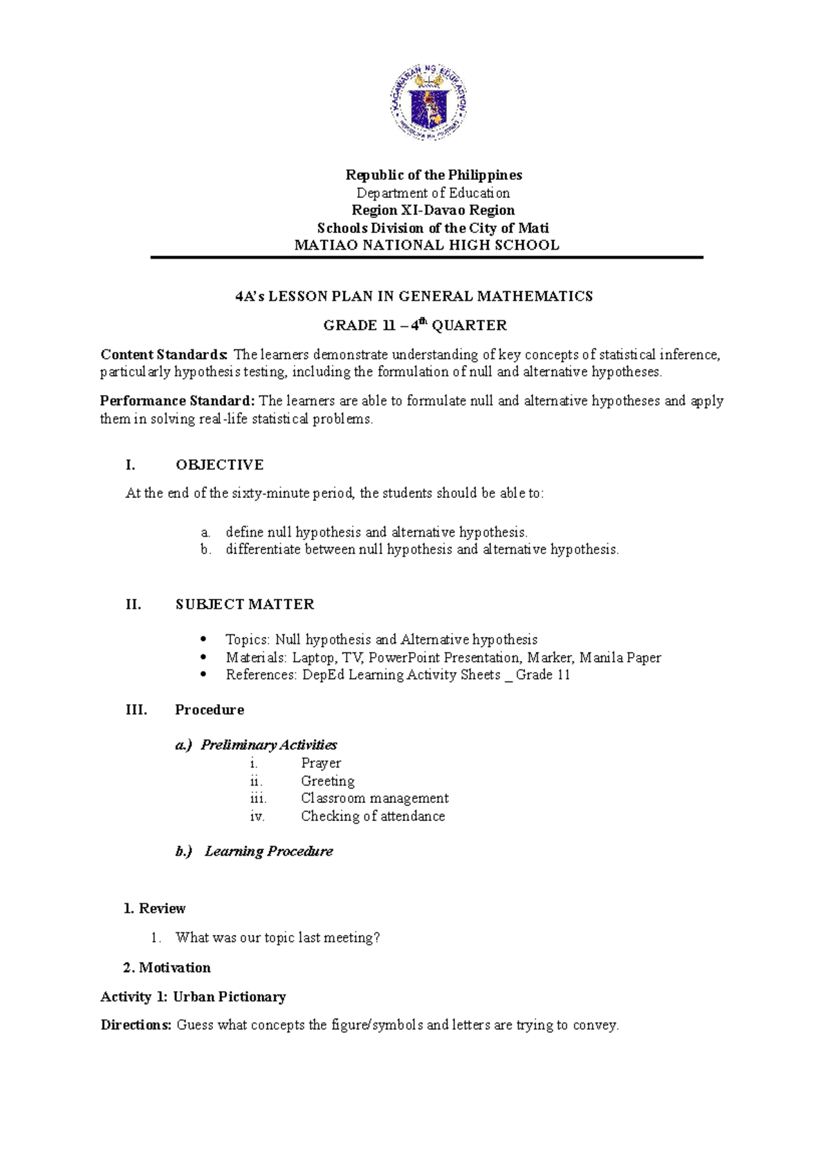 Grade 11 General Mathematics Lesson Plan: Null & Alternative Hypothesis ...