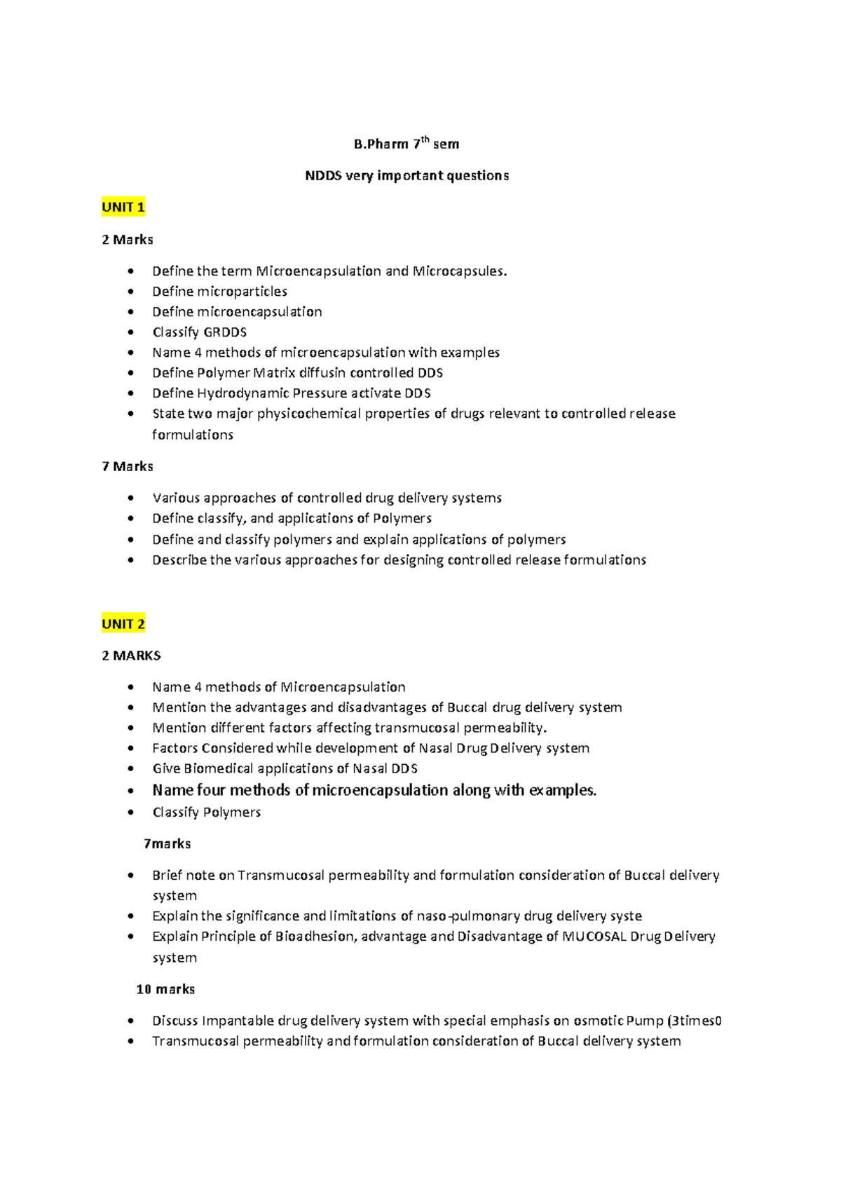 NDDS B.Pharm 7th Sem Important Questions Unit-wise Review - Studocu
