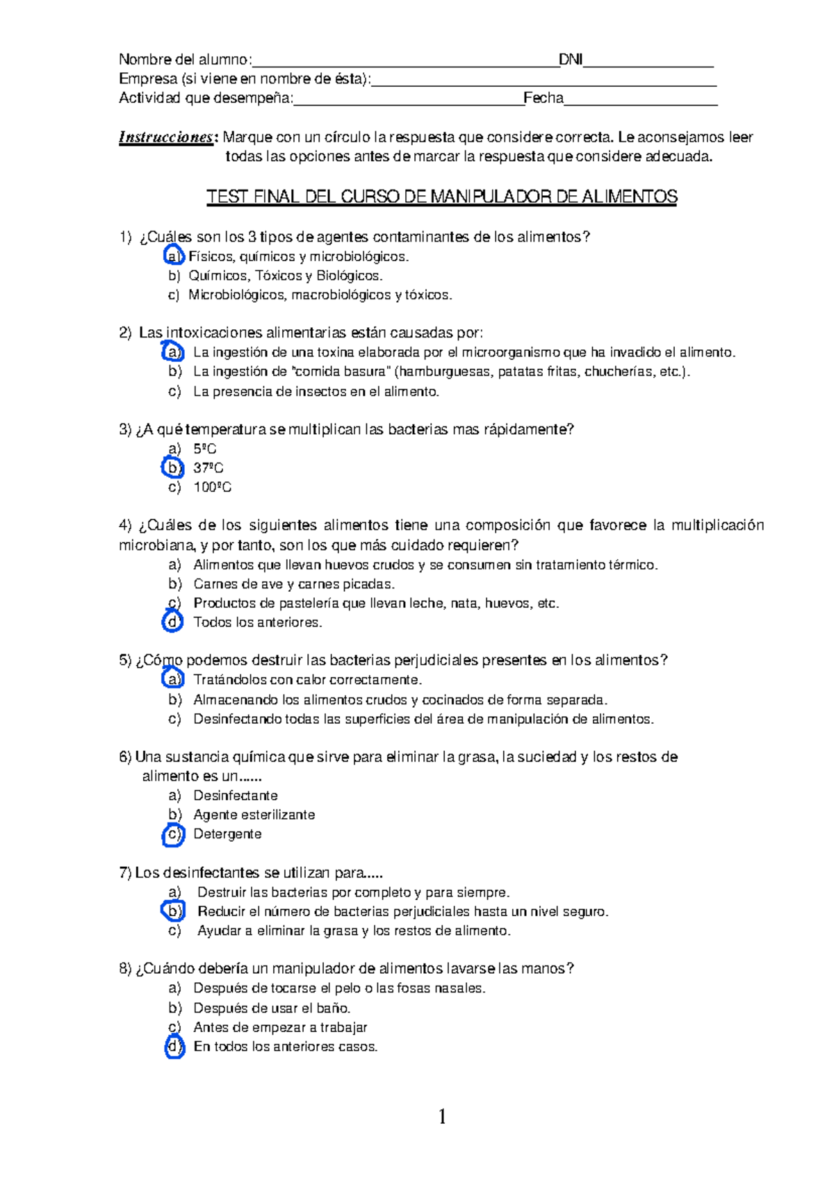 Respuestas Test Final del Curso de Manipulador de Alimentos - Studocu