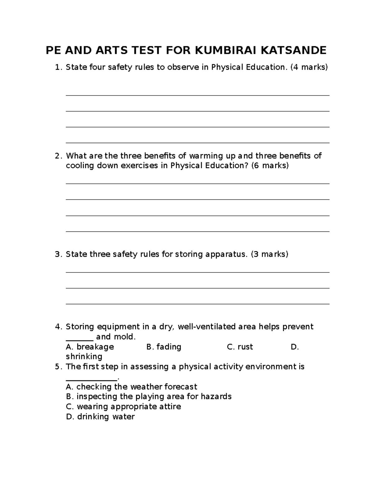 25022026 PE TEST: Safety Rules & Benefits in Physical Education - Studocu