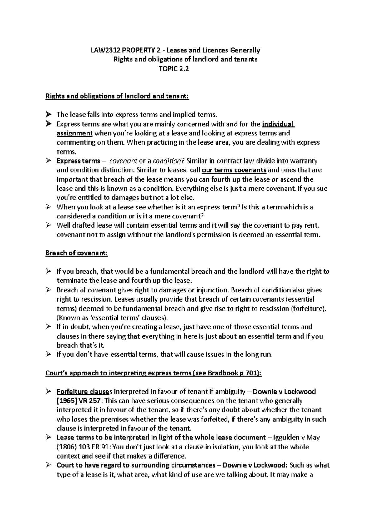 LAW2312 Property 2 - Lecture 4 Notes on Leases: Landlord & Tenant ...