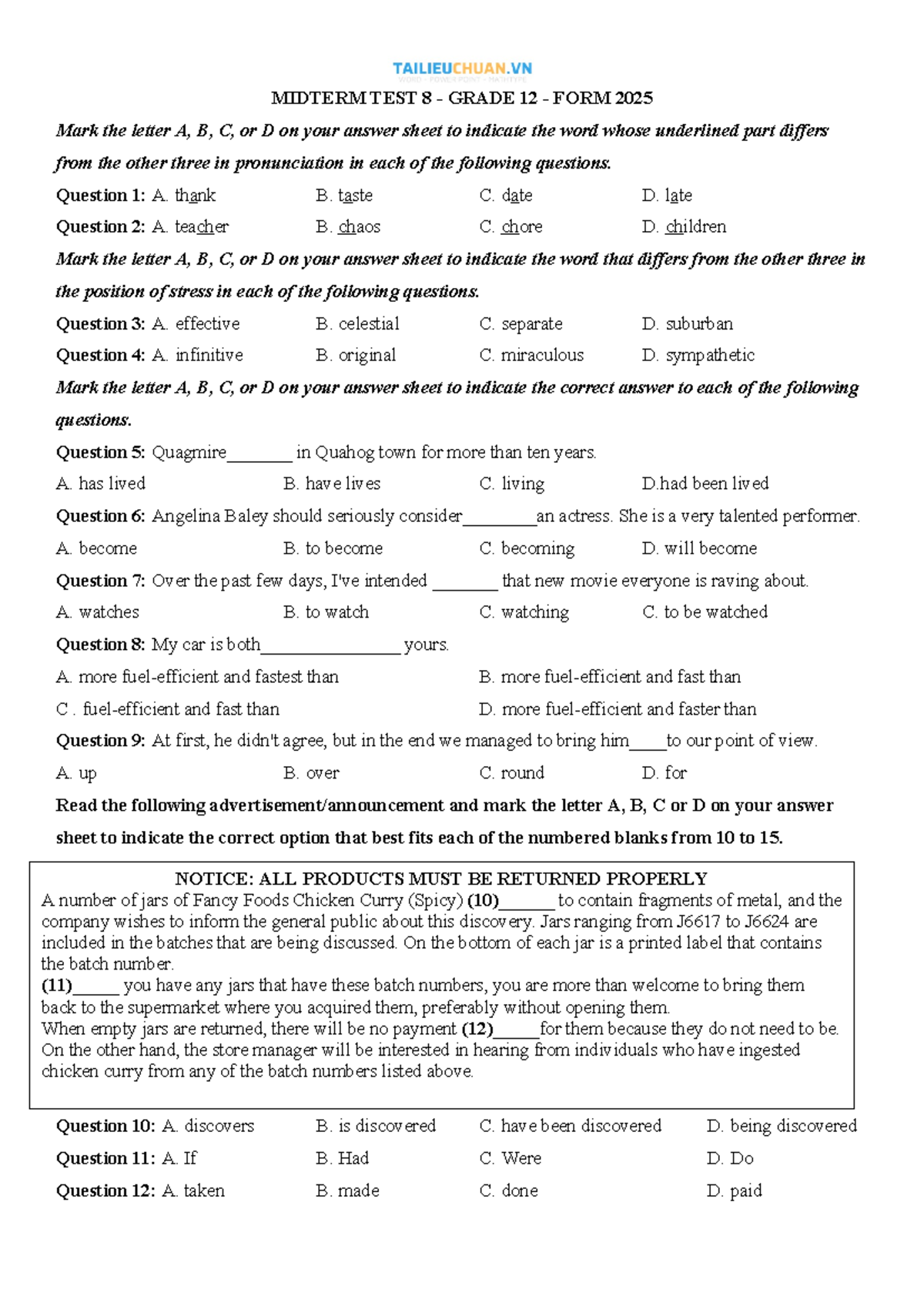Midterm Test 8 - Grade 12 - English Language Proficiency Exam - Studocu