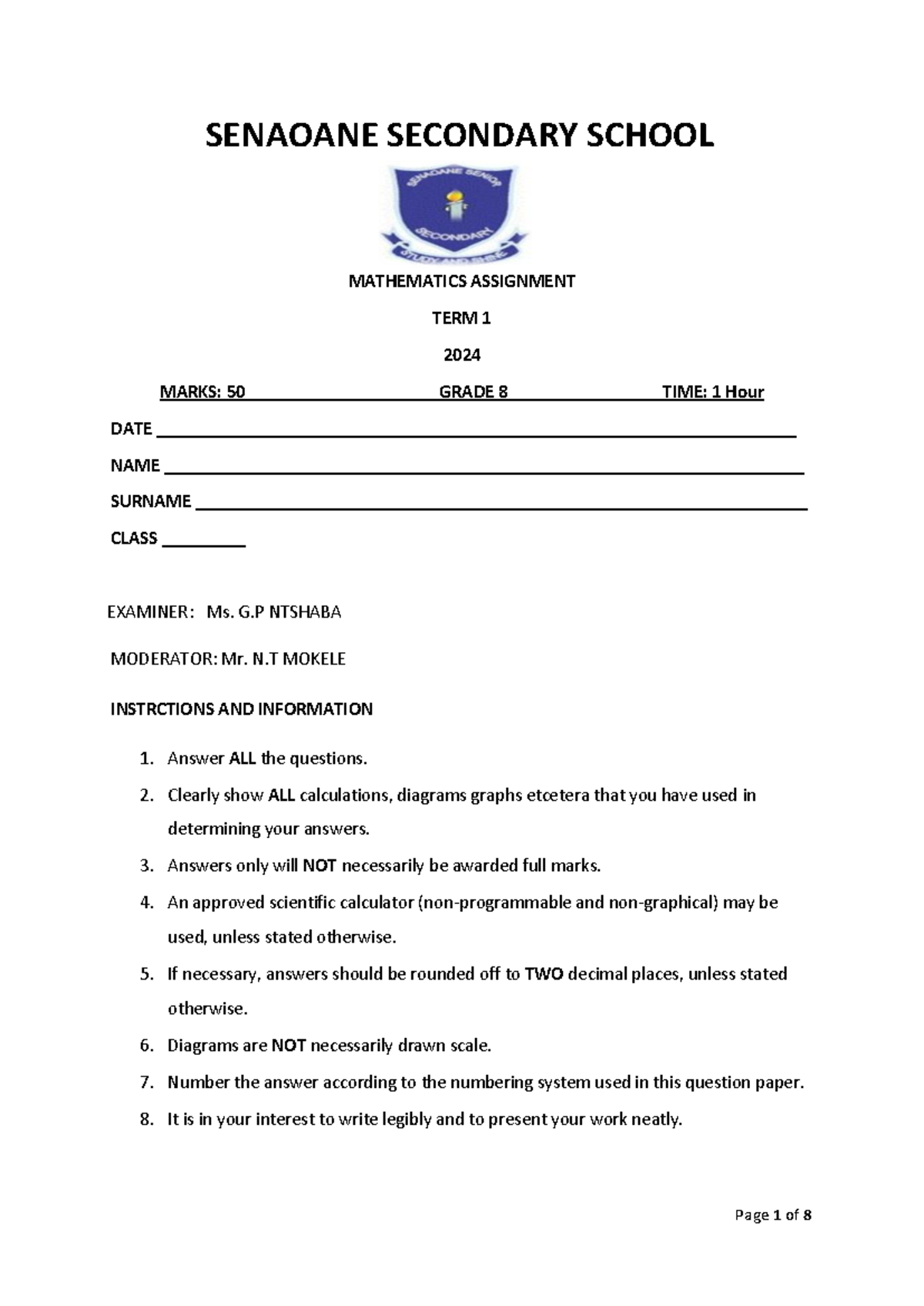 Grade 8 Term 1 Maths 2024 Test - Key Concepts and Questions - Studocu