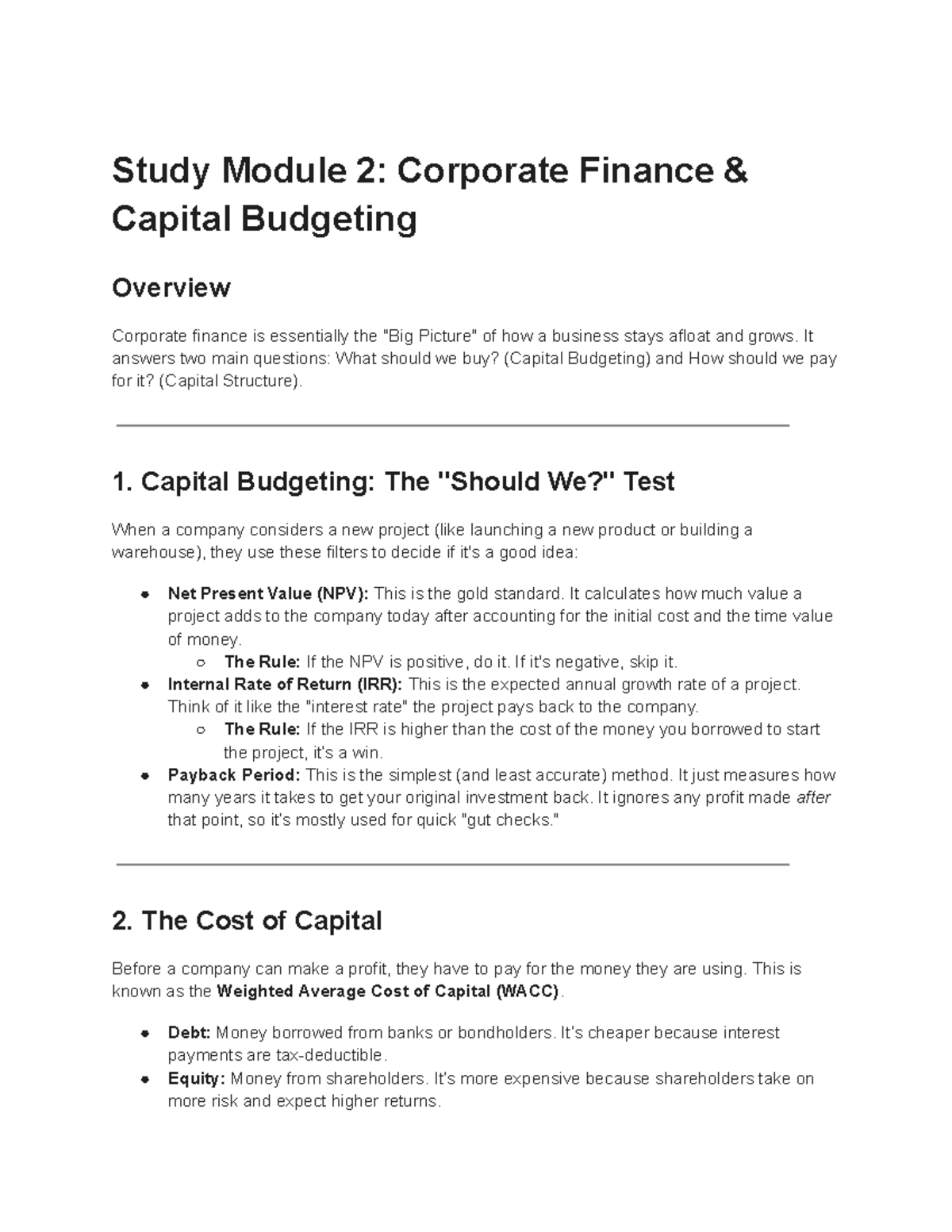 Corporate Finance (Module 2): Capital Budgeting Overview - Studocu