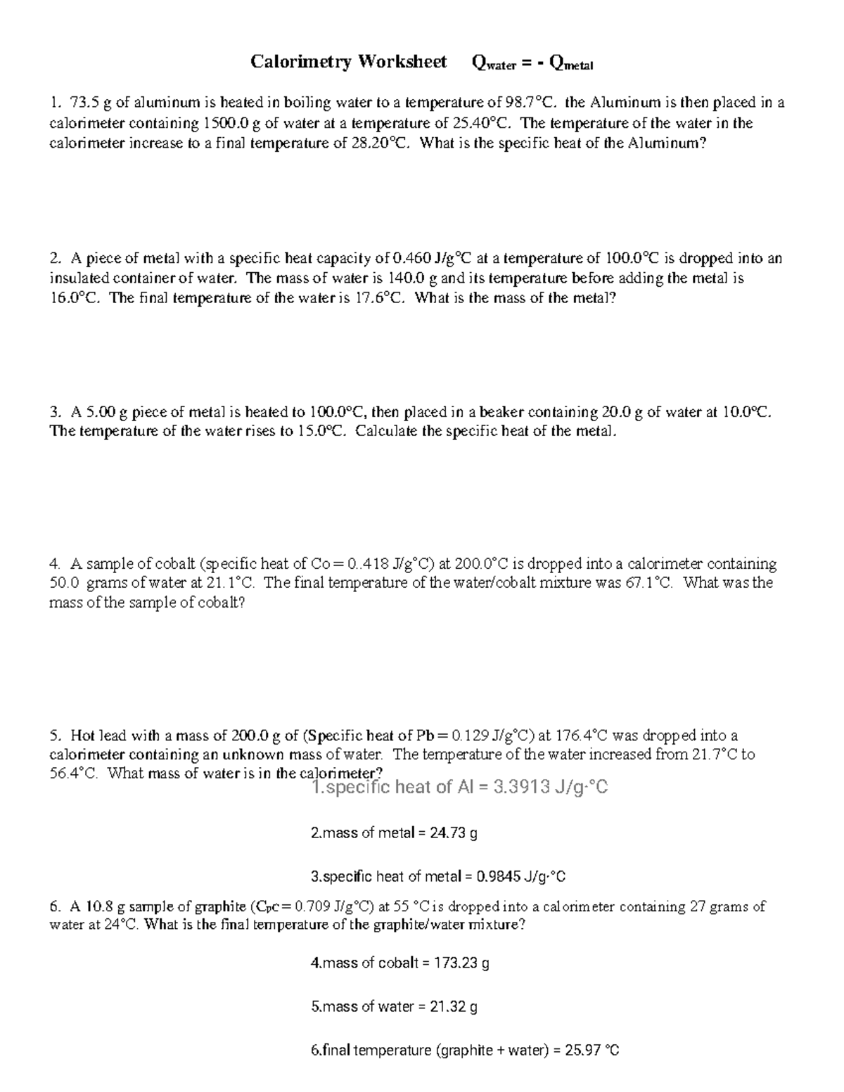 Calorimetry Worksheet (Chem 101) - Specific Heat Calculations - Studocu