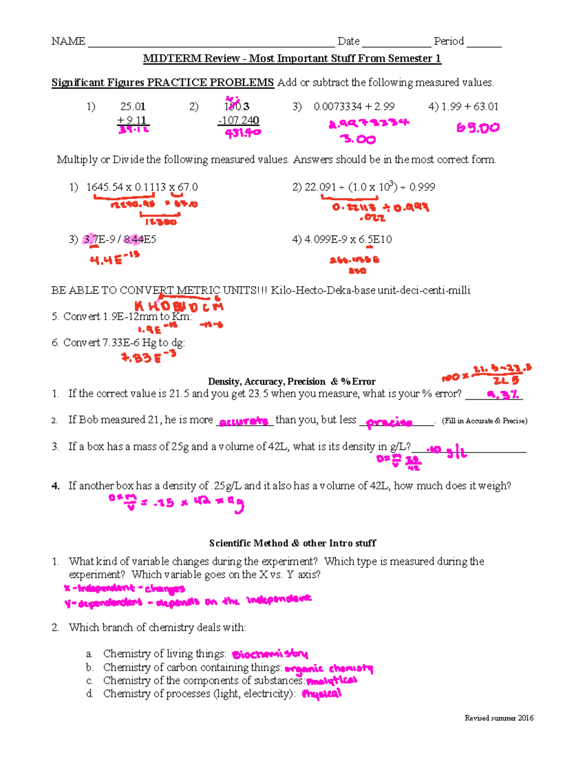 Midterm Review for CHEM101: Key Concepts and Practice Problems - Studocu