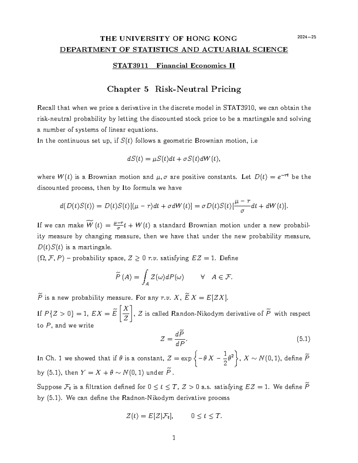 STAT3911 Financial Economics II Chapter 5: Pricing Derivatives Analysis ...
