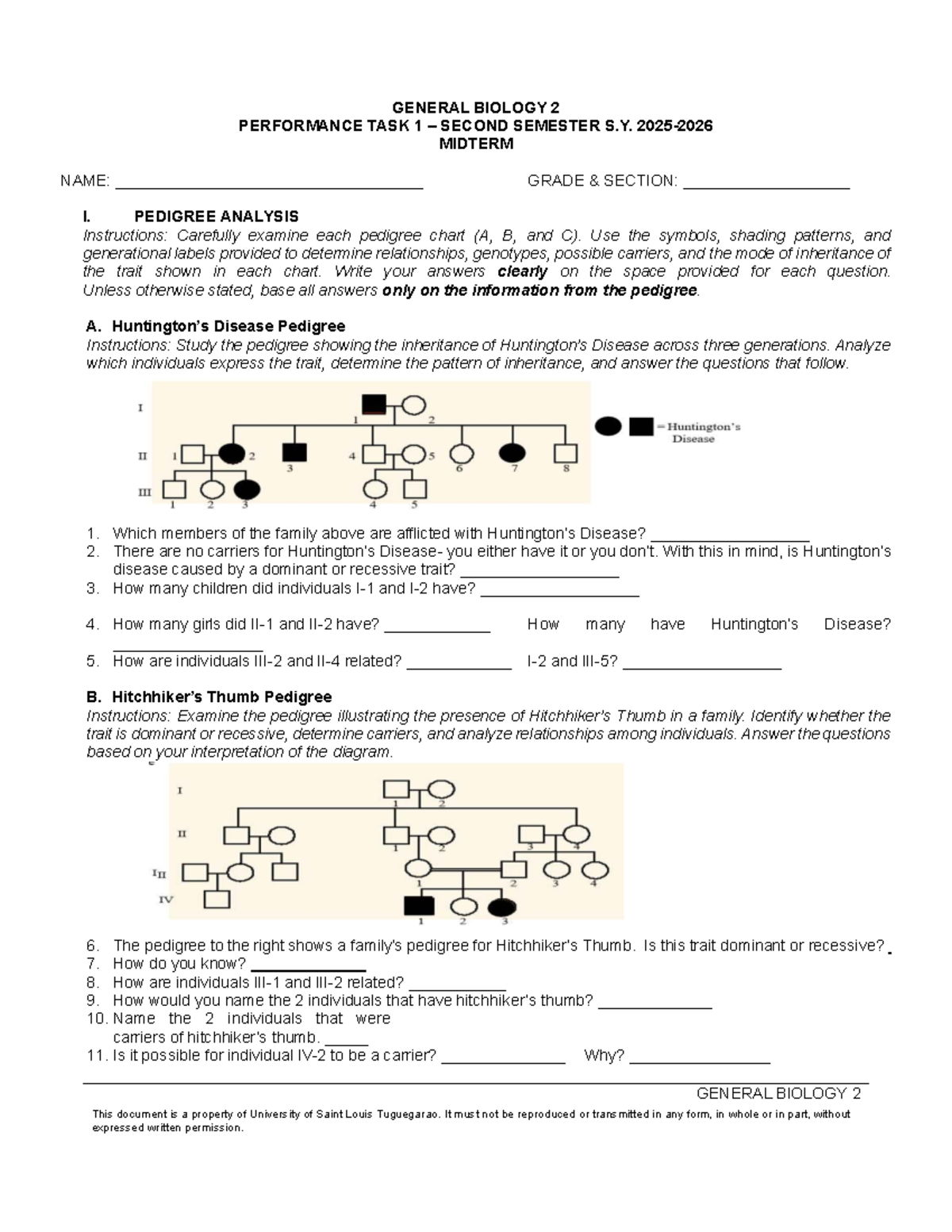 GENERAL BIOLOGY 2 MIDTERM PERFORMANCE TASK: PEDIGREE ANALYSIS - Studocu