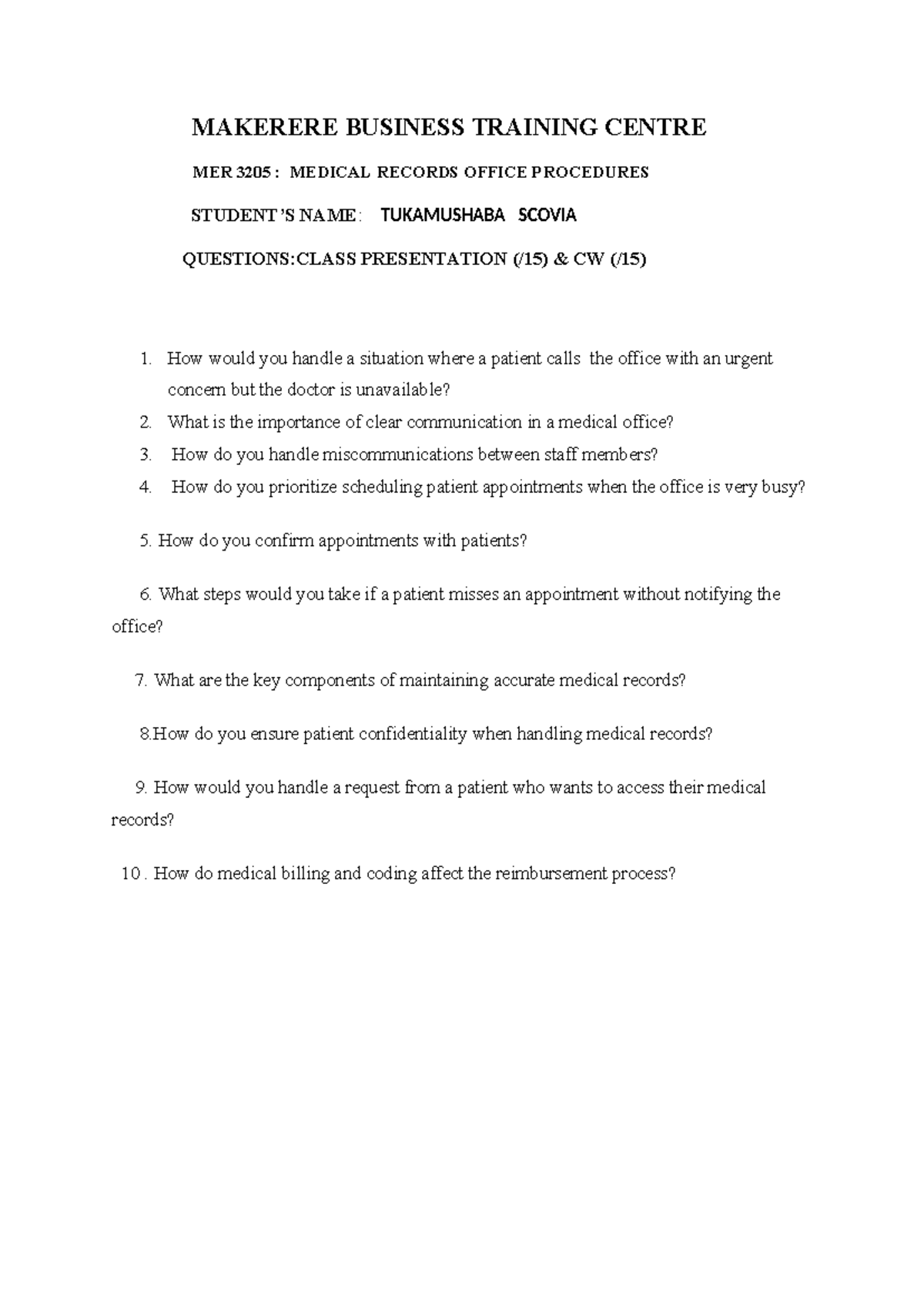 MER 3205: Medical Records Office Procedures Class Presentation ...