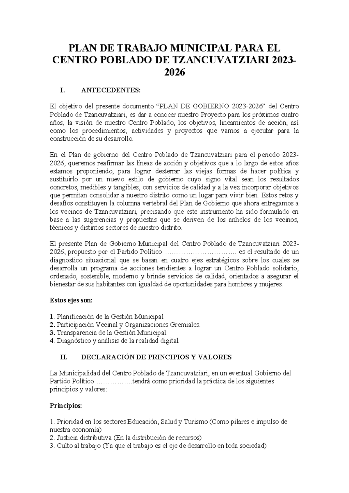 PLAN DE TRABAJO MUNICIPAL 2023-2026 PARA TZANCUVATZIARI - Document Preview