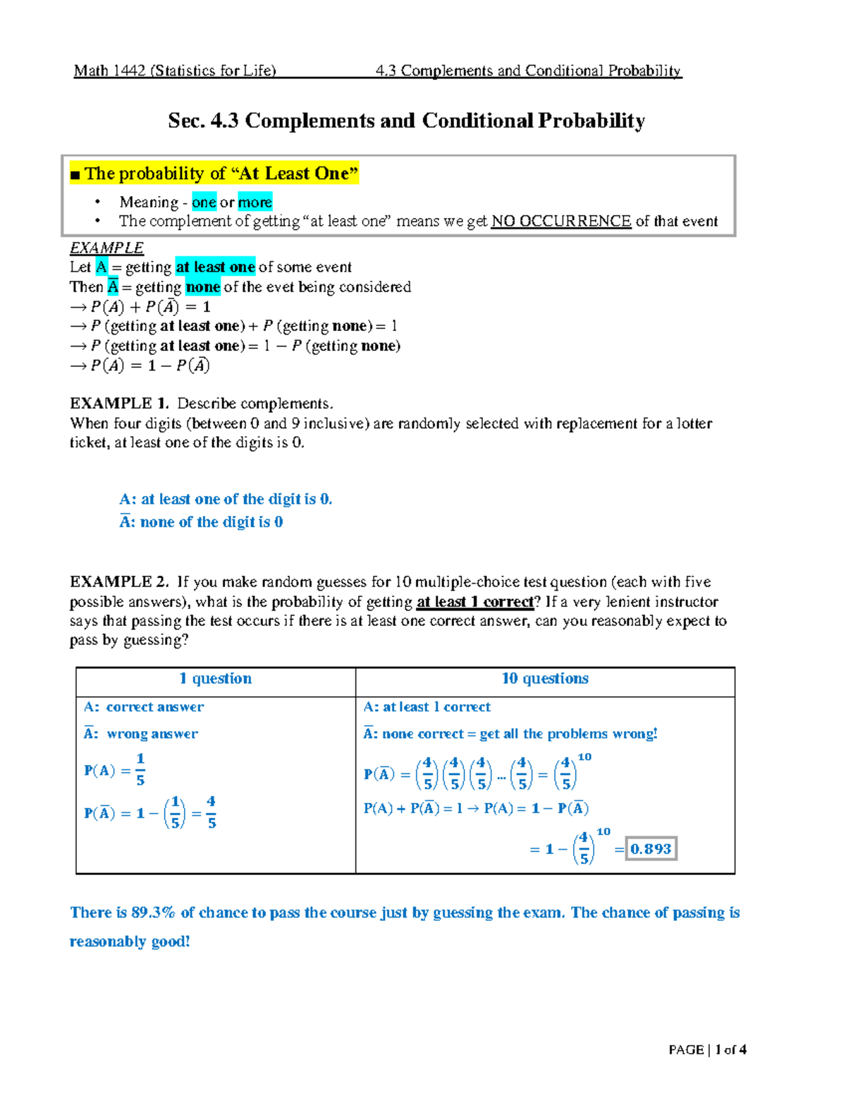 Math 1442 Final Exam Review: Complements & Conditional Probability ...