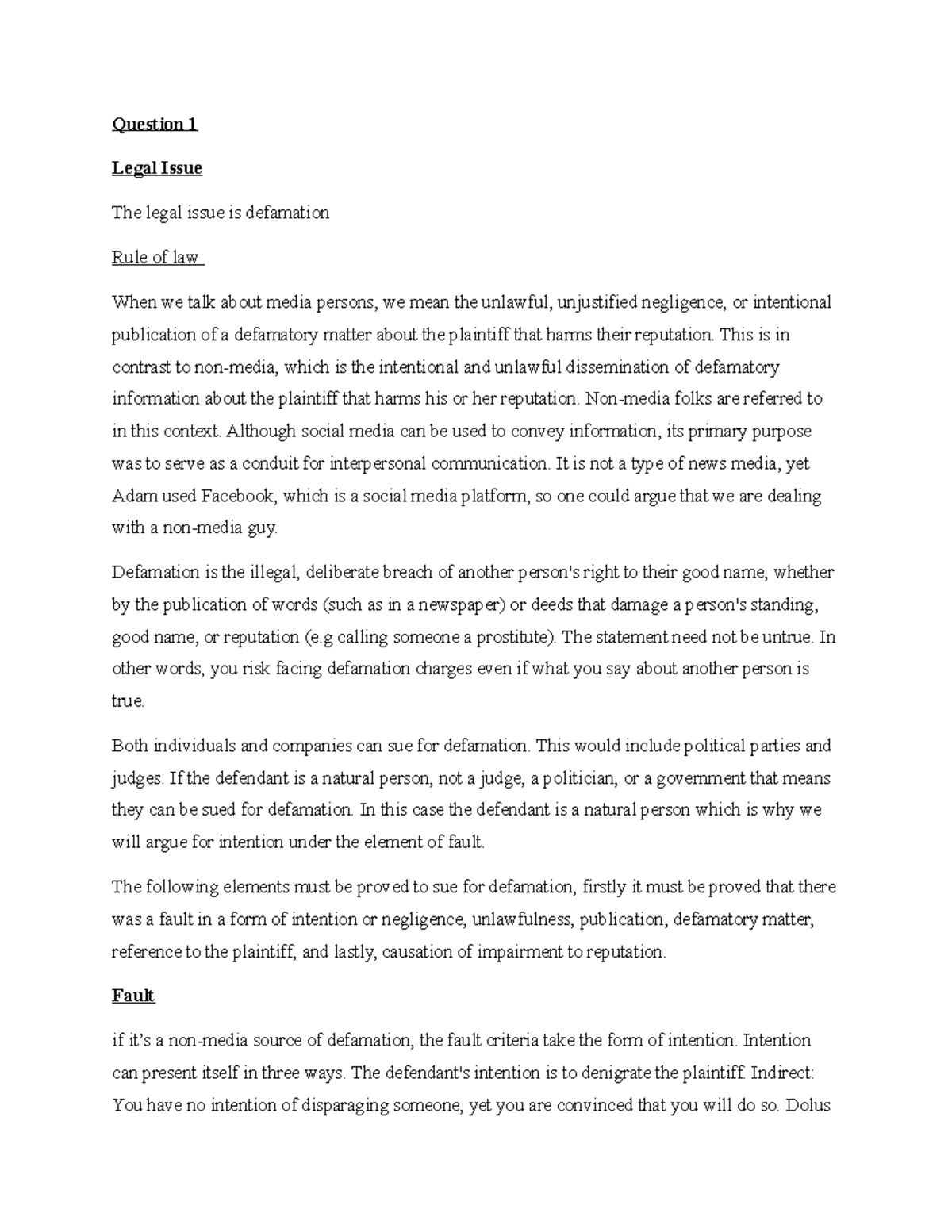 Defamation Case Analysis and Vicarious Liability Discussion (LAW 101 ...
