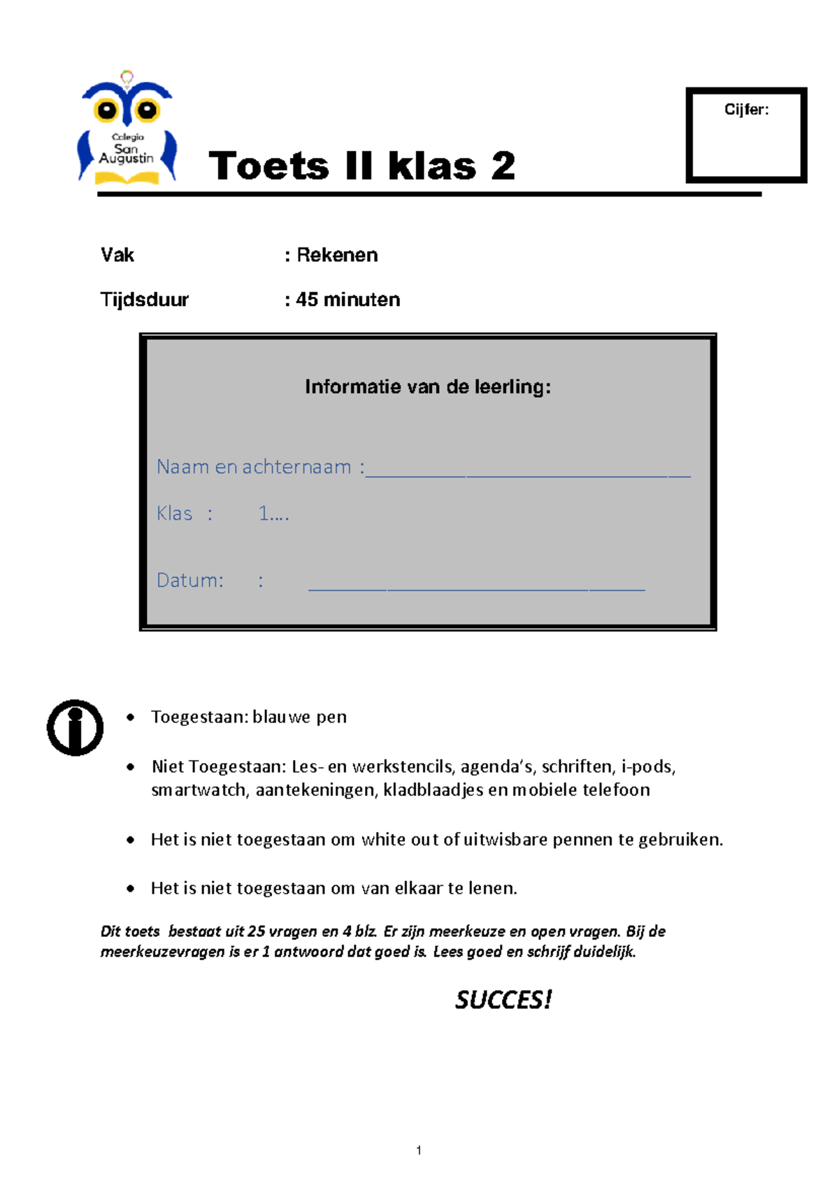 Toets II Rekenen Klas 2 - Overzicht en Vragen (45 min) - Studeersnel