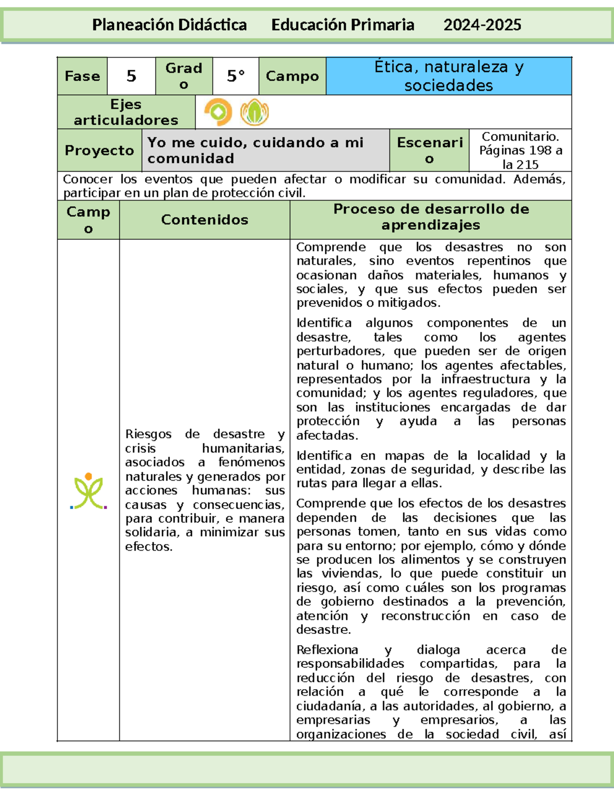 Planeación Didáctica Fase 5: Protección Civil y Desastres en Educación