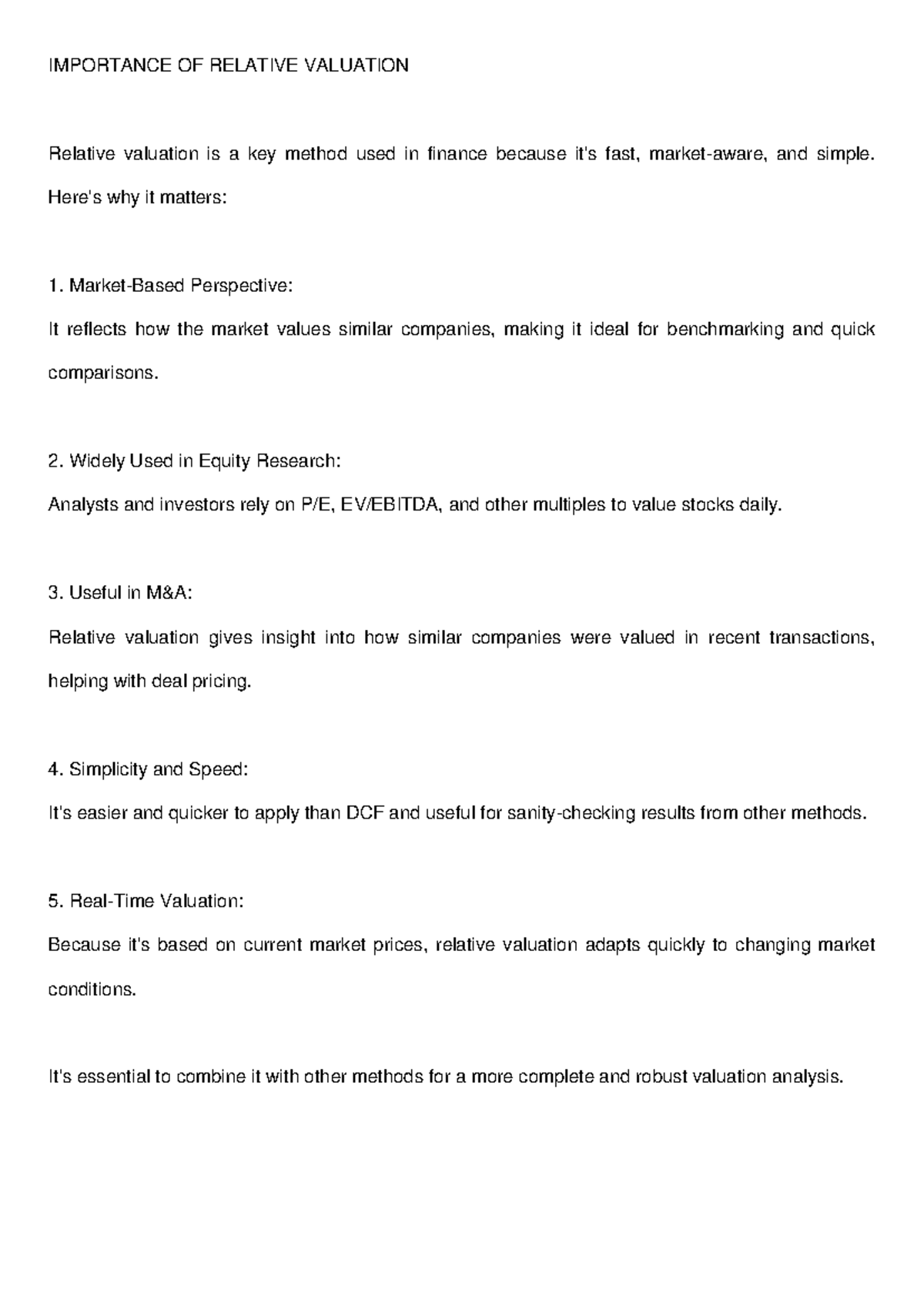 FIN 301: Importance of Relative Valuation in Equity Analysis - Studocu