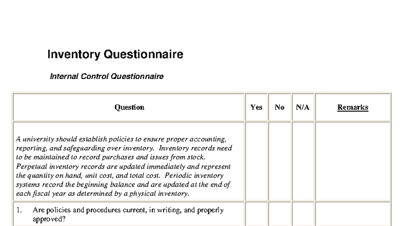 Internal Control Evaluation Questionnaire for Inventory Management ...