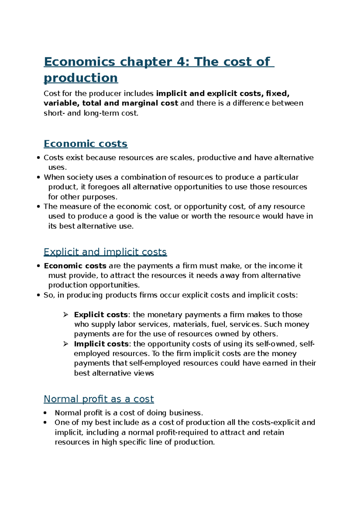 Economics Summary: Chapter 4 - The Cost of Production - Studocu