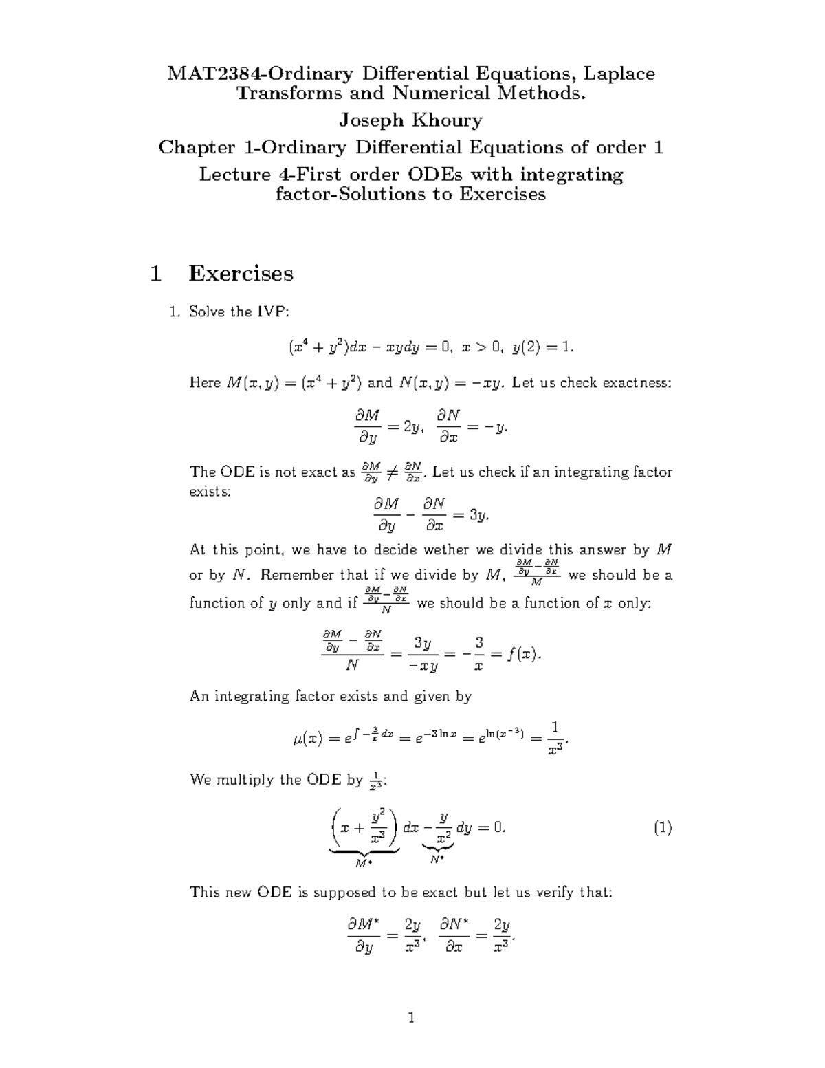 Solutions to Differential Equations and Laplace Transforms - Lecture 4 ...