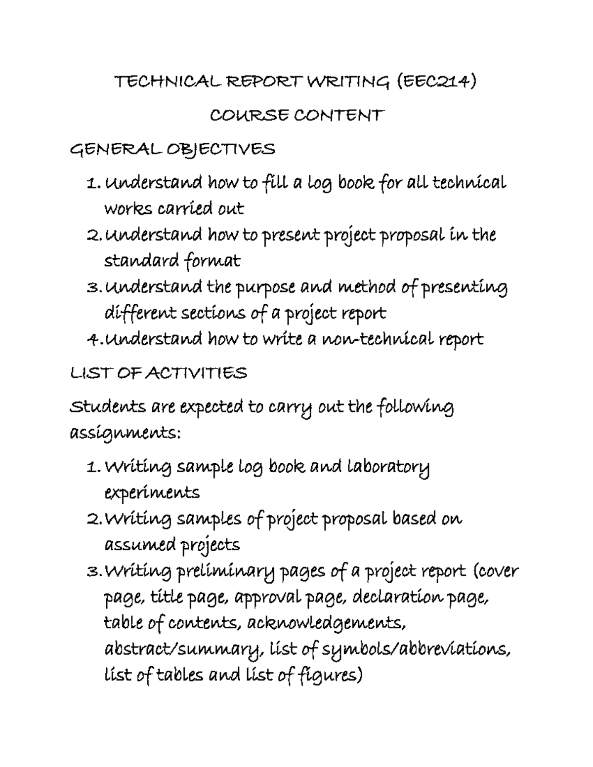 Technical Report Writing Guide (EEC214) - Course Overview & Objectives ...