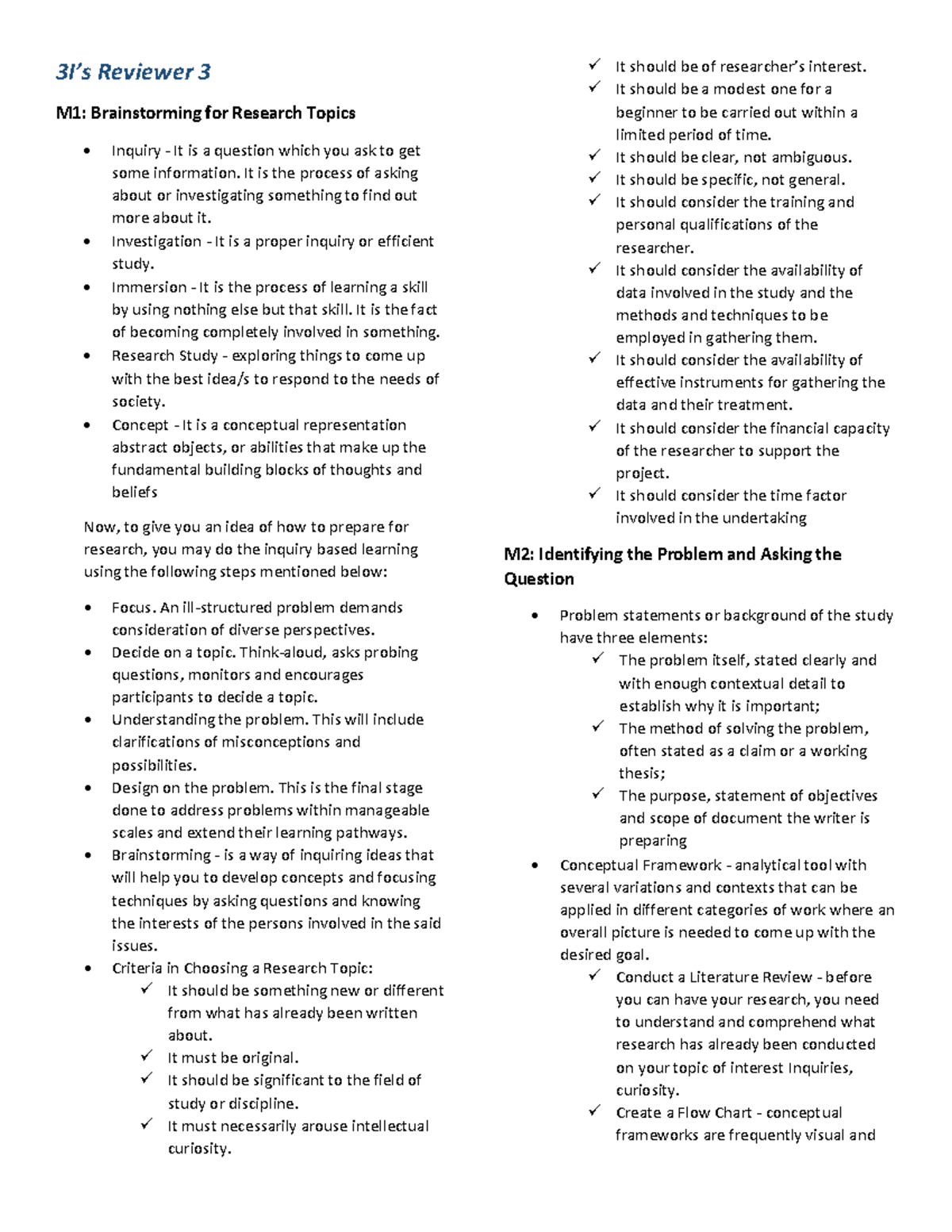 3I's Research Topic Brainstorming & Inquiry Strategies Review - Studocu