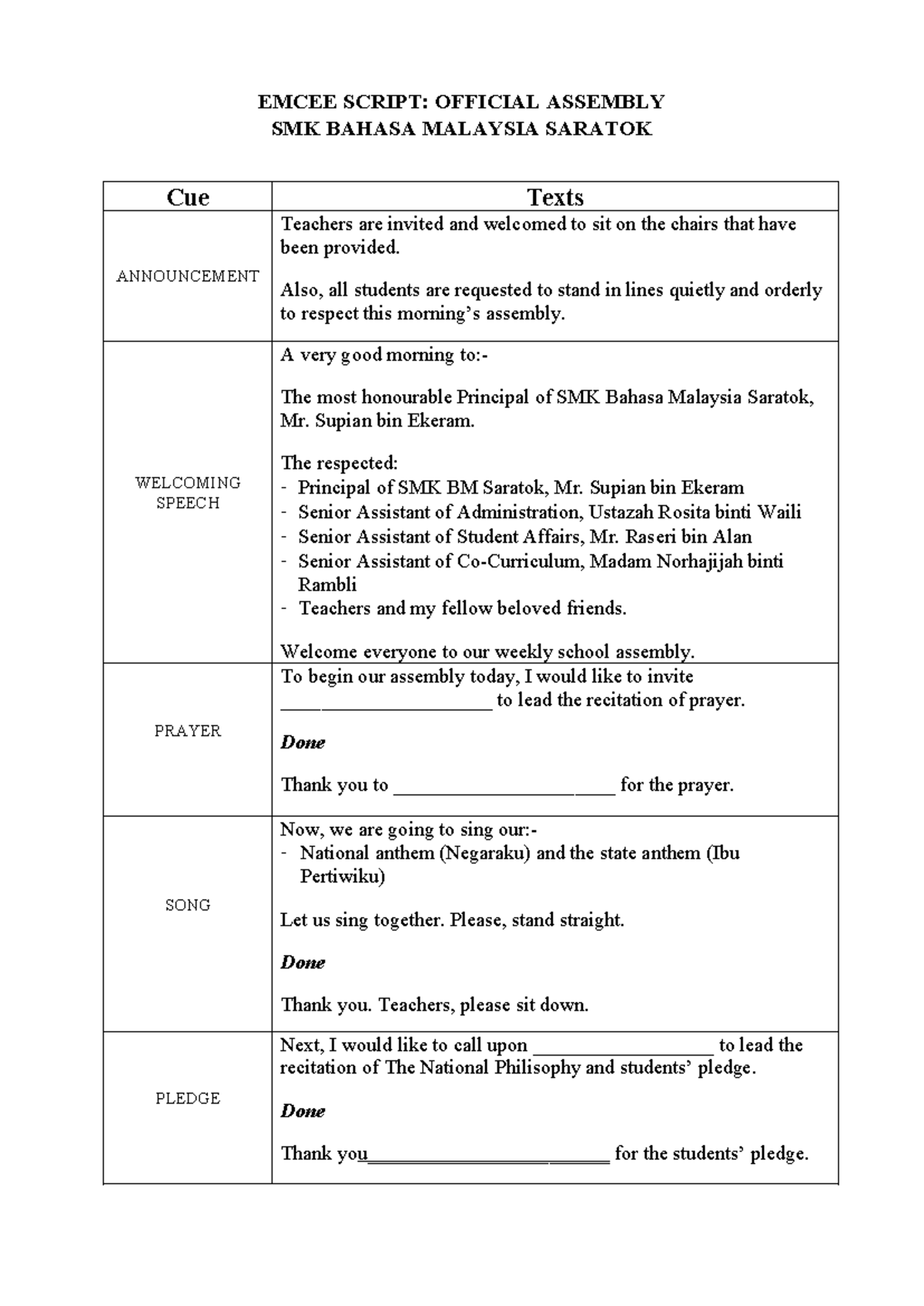 Assembly Script for SMK Bahasa Malaysia Saratok Event - Studocu