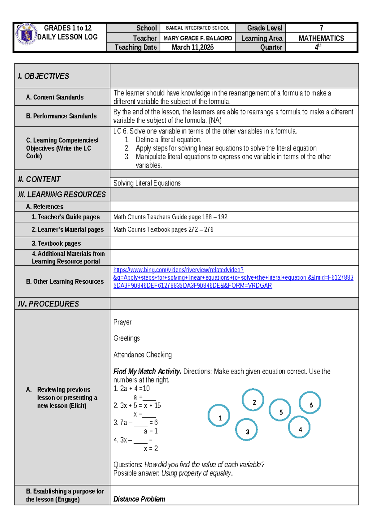 DLP7 - Lesson Plan: Solving Literal Equations in Math 7 - Studocu