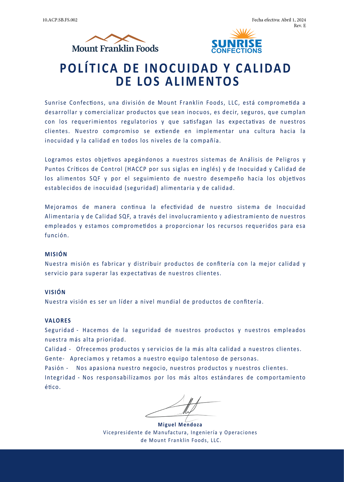 10.ACP.SB.FS.002 Política de Inocuidad y Calidad de los alimentos (Rev ...