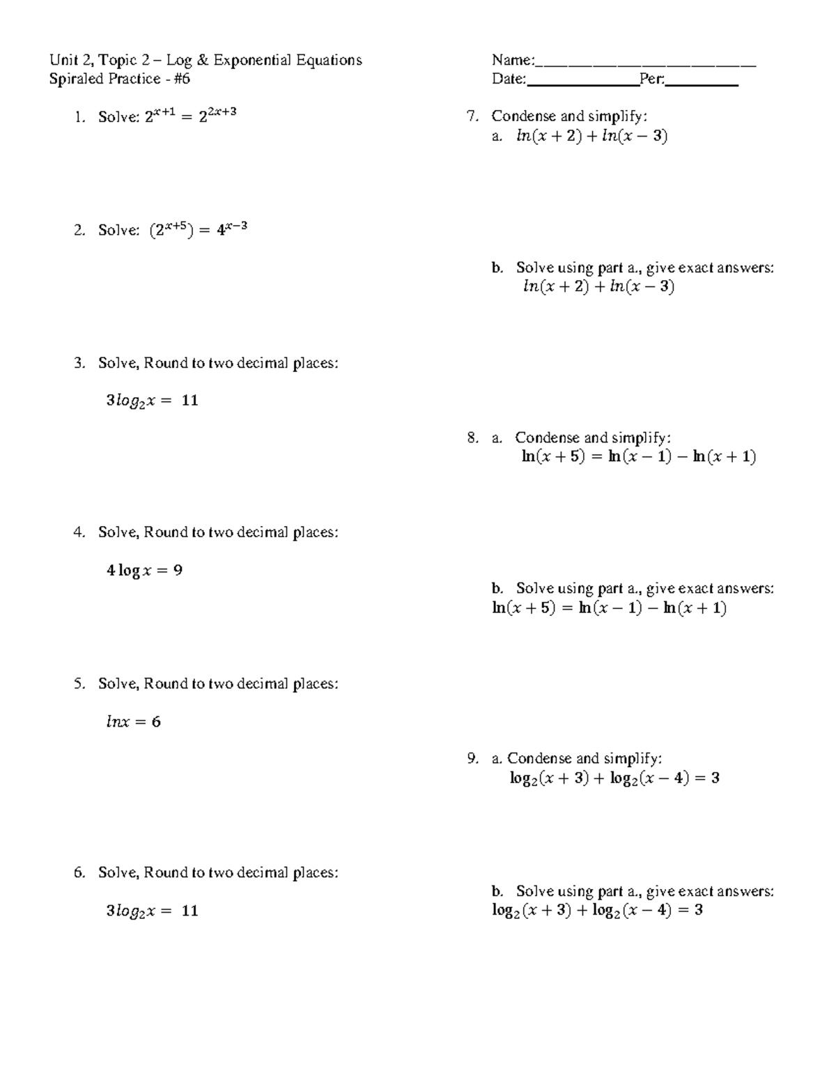 Unit 2, Topic 2: Log & Exponential Equations Practice 1 - Studocu