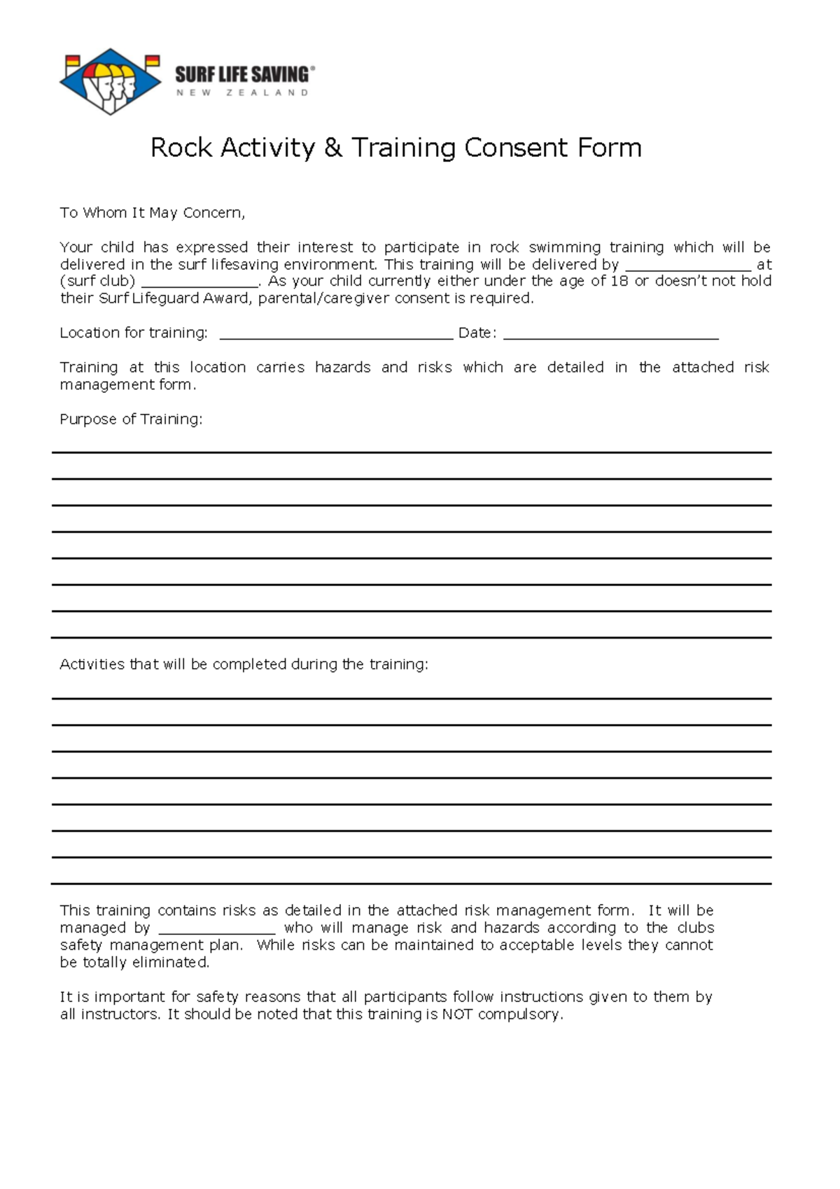 U18 Rock Training Consent Form for Surf Lifesaving Activities - Studocu
