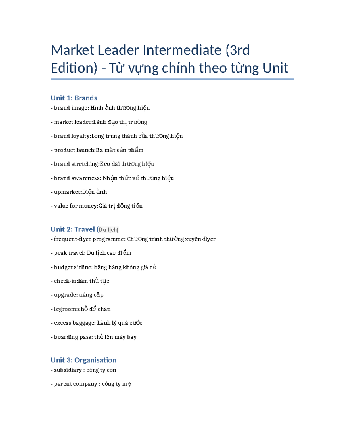 Market Leader Intermediate (3rd Ed) Vocabulary Units 1-12 - Studocu