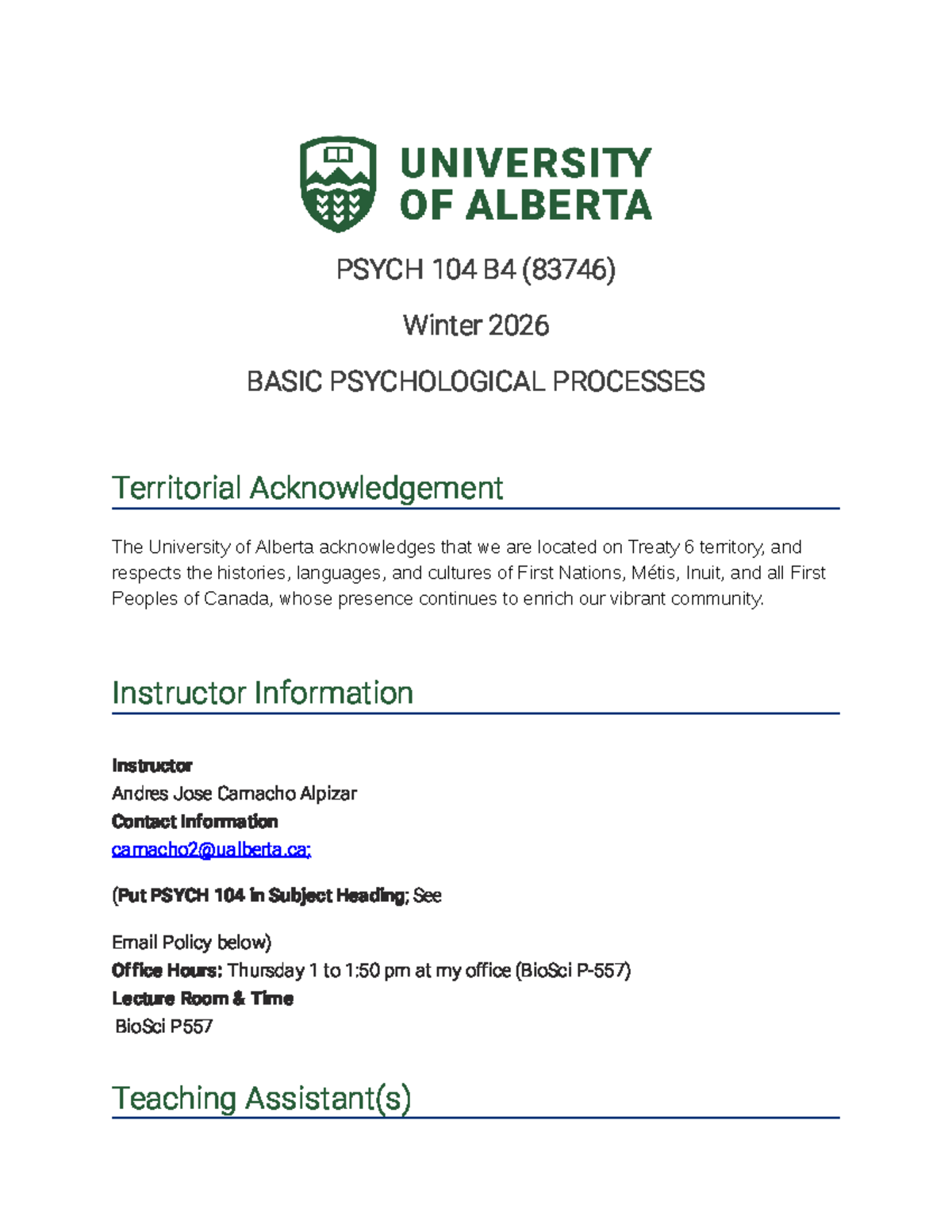 Winter 2026 PSYCH 104 B4 Syllabus: Basic Psychological Processes - Studocu