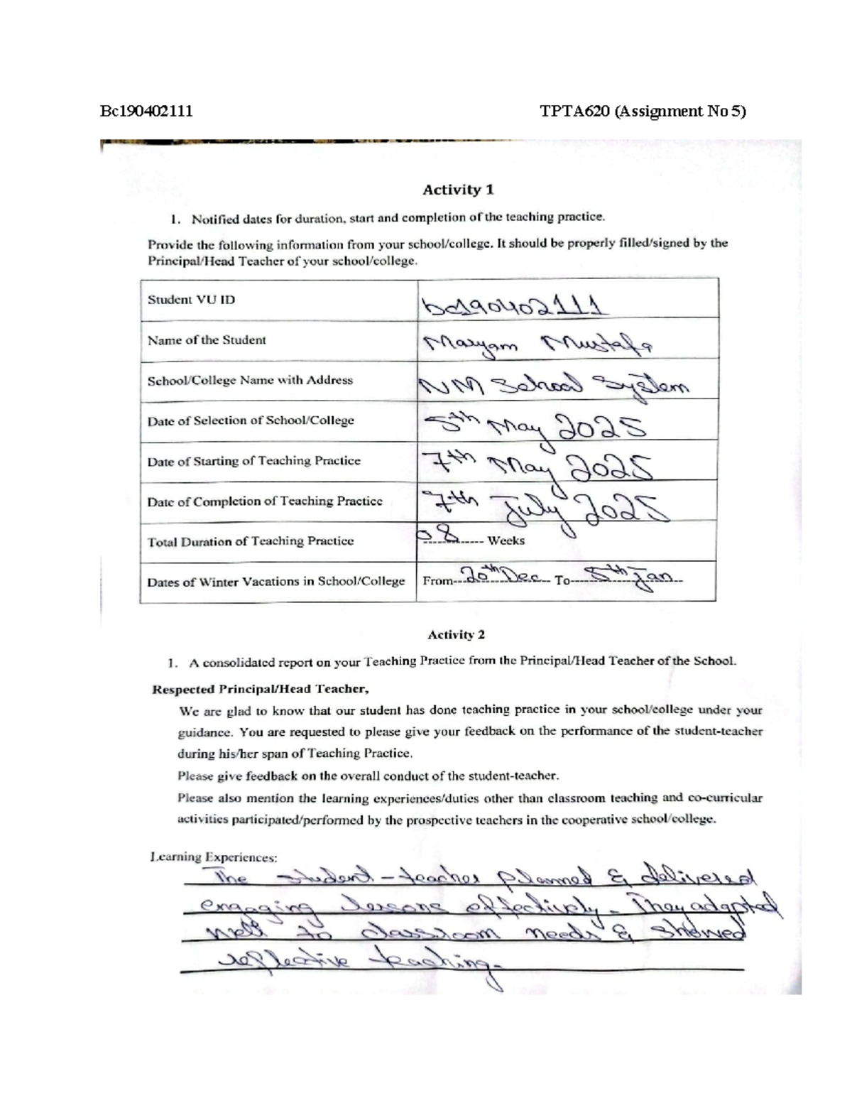 TPTA620 (Assignment No 5) Teaching Practice Report - Spring 2025 - Studocu