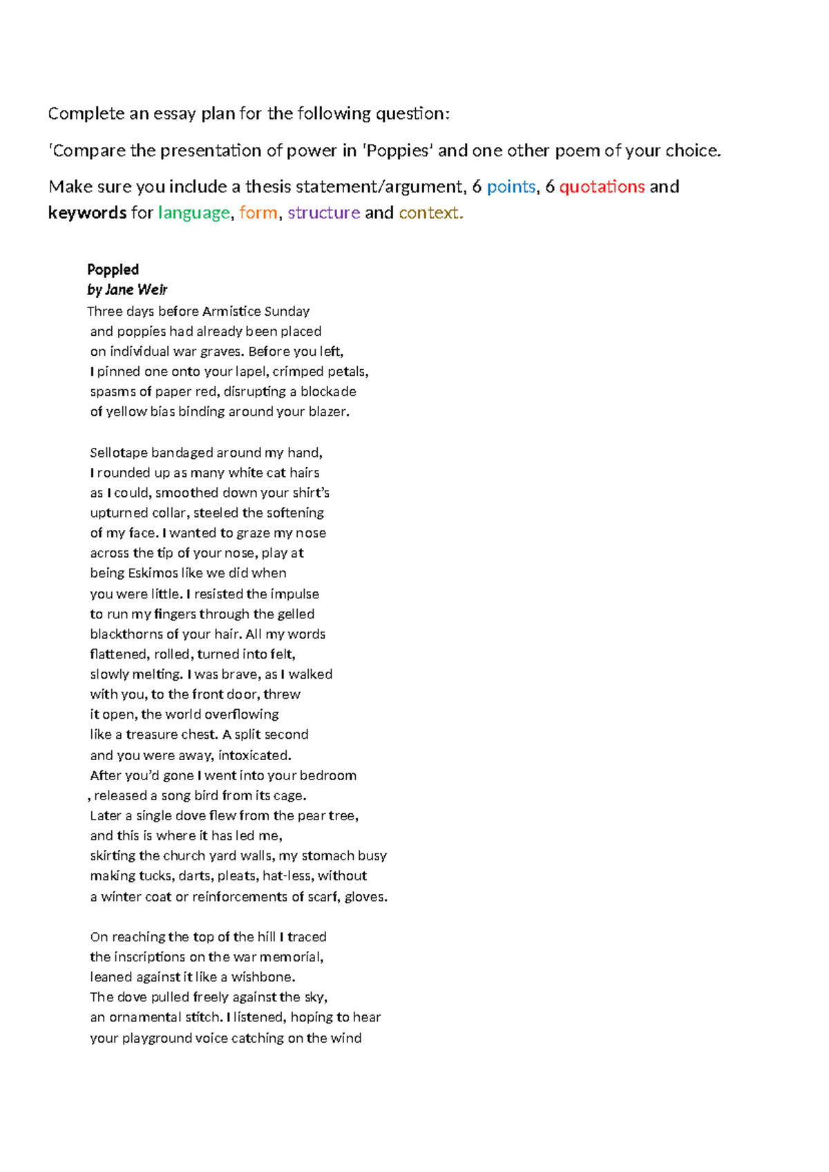 Poppies & My Last Duchess: Power Dynamics in Poetry Essay Plan - Studocu