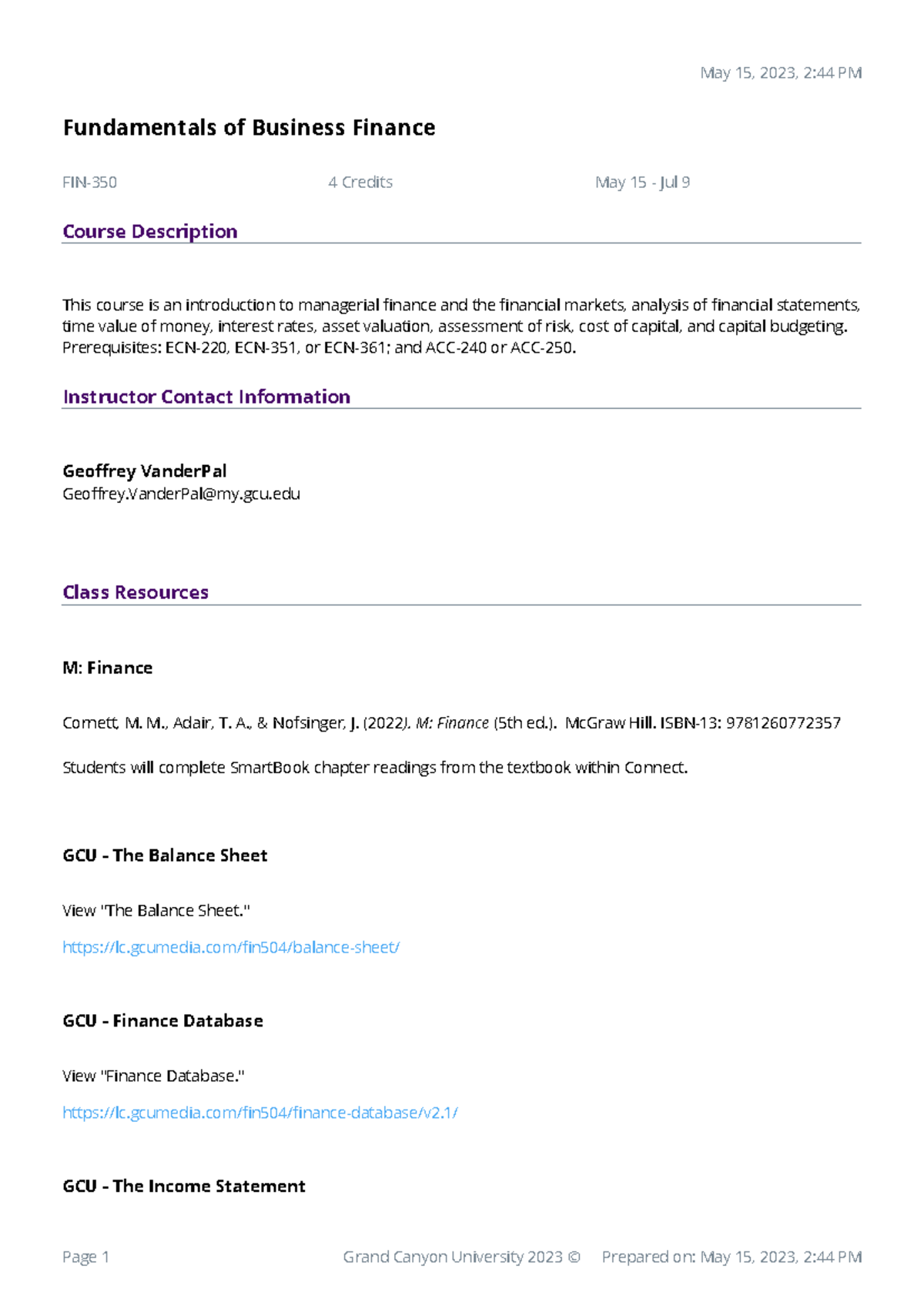 Syllabus for FIN-350: Fundamentals of Business Finance (May 2023) - Studocu