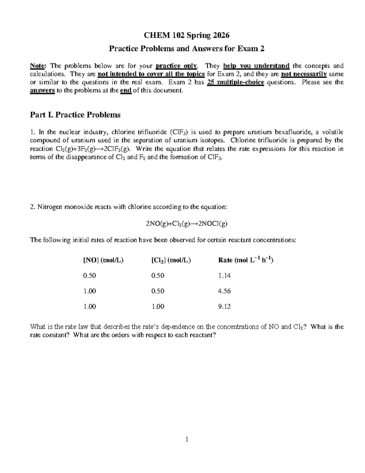 CHEM 102 Spring 2026 Practice Problems for Exam 2 - Studocu