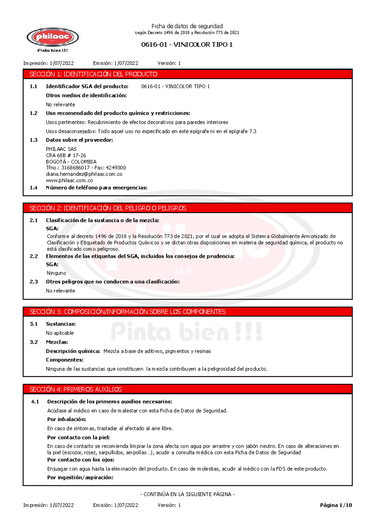 FDS 0616-01 - Ficha de Seguridad para Vinicolor TIPO 1 - Document Preview
