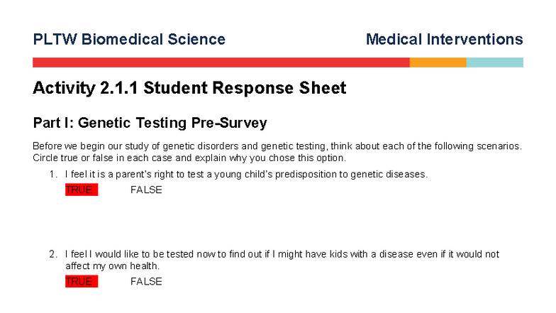 PLTW Biomedical Science: Medical Interventions Activity 2.1.1 Response ...