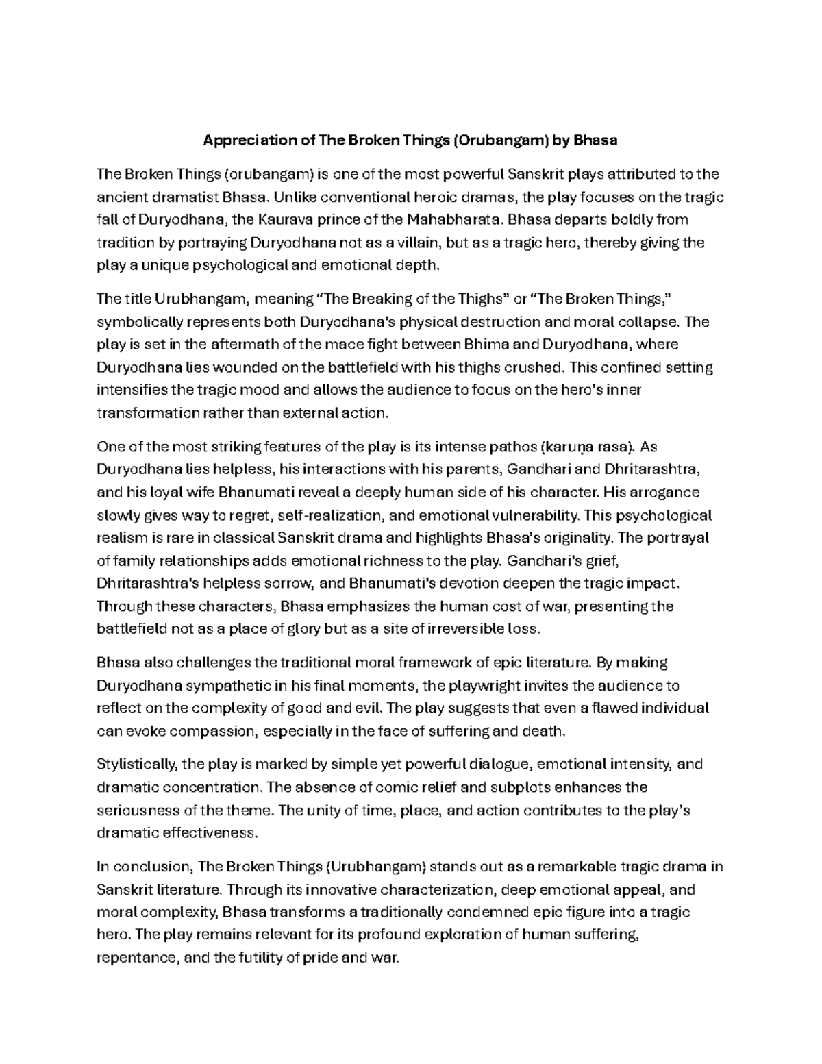 Classics of World Literature: The Tragic Depths of Urubhangam - Studocu