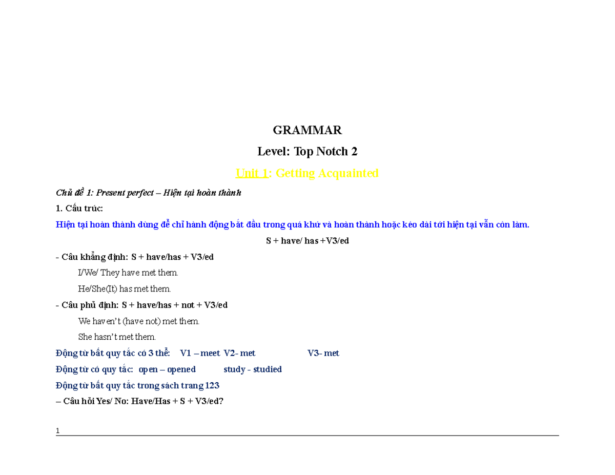 ENT203 Grammar FALL20 - Top-notch 2 - GRAMMAR Level: Top Notch 2 Unit 1