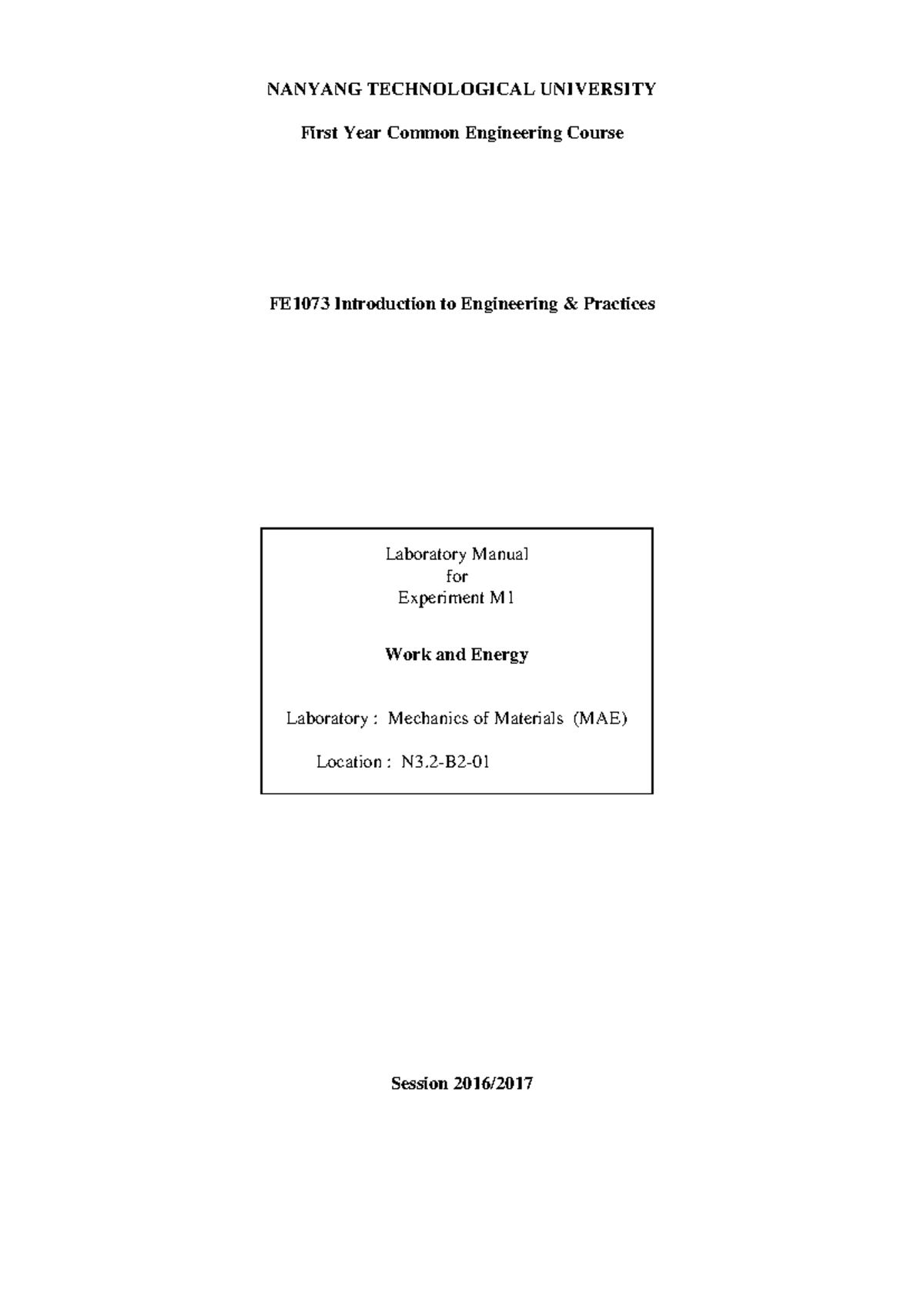 FE1073 M1 Laboratory Manual: Work and Energy Experiment - Studocu