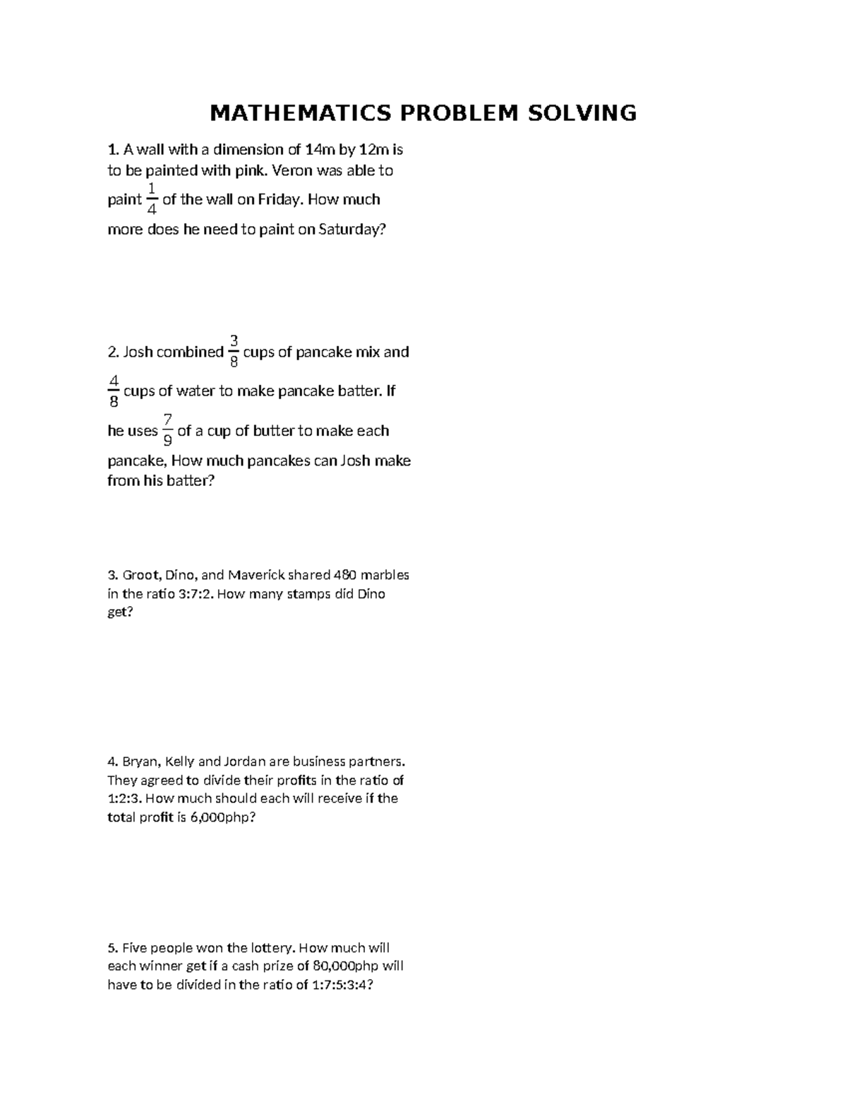 Mathematics problem solving 1: Ratio and algebra exercises - Studocu