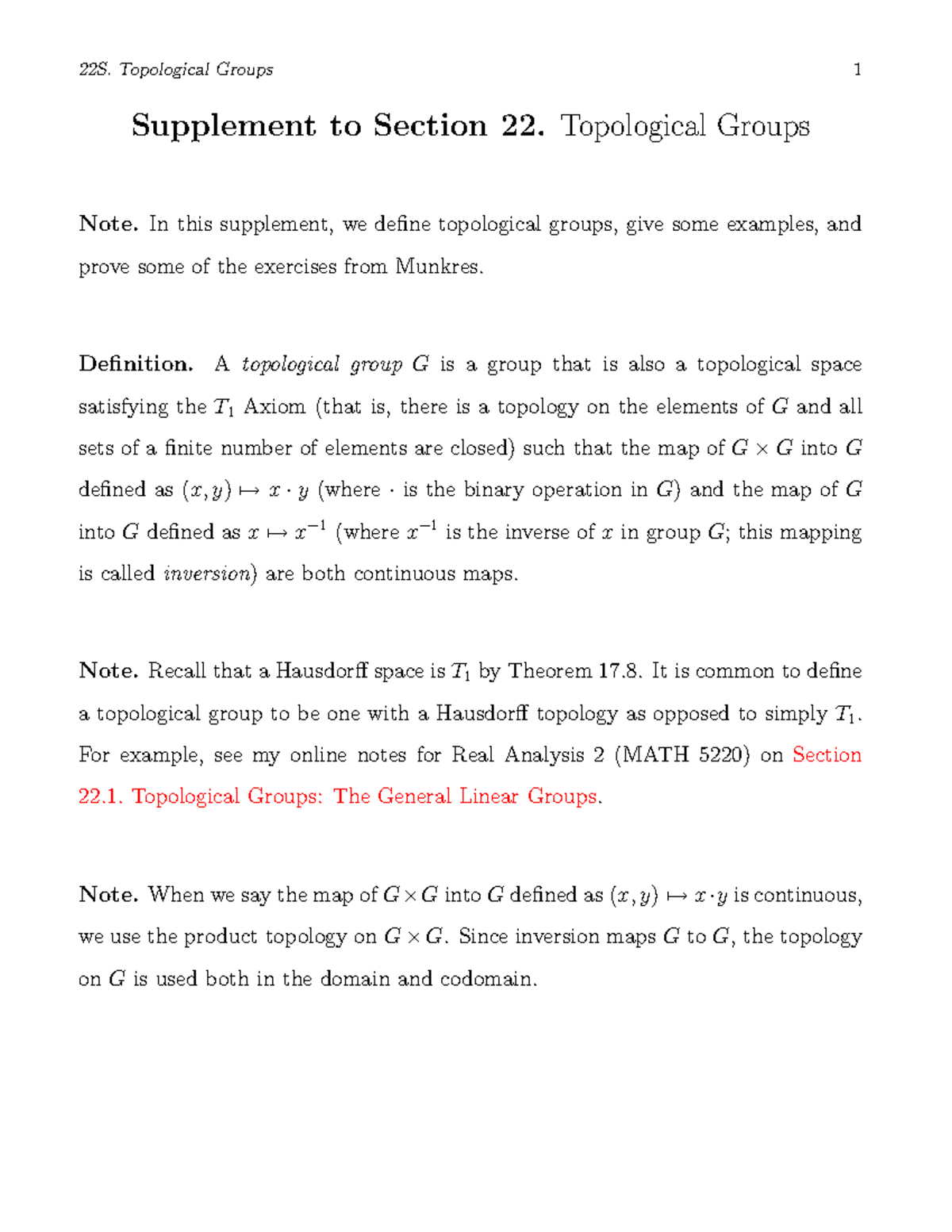 22S. Topological Groups: Supplementary Notes and Examples - Studocu