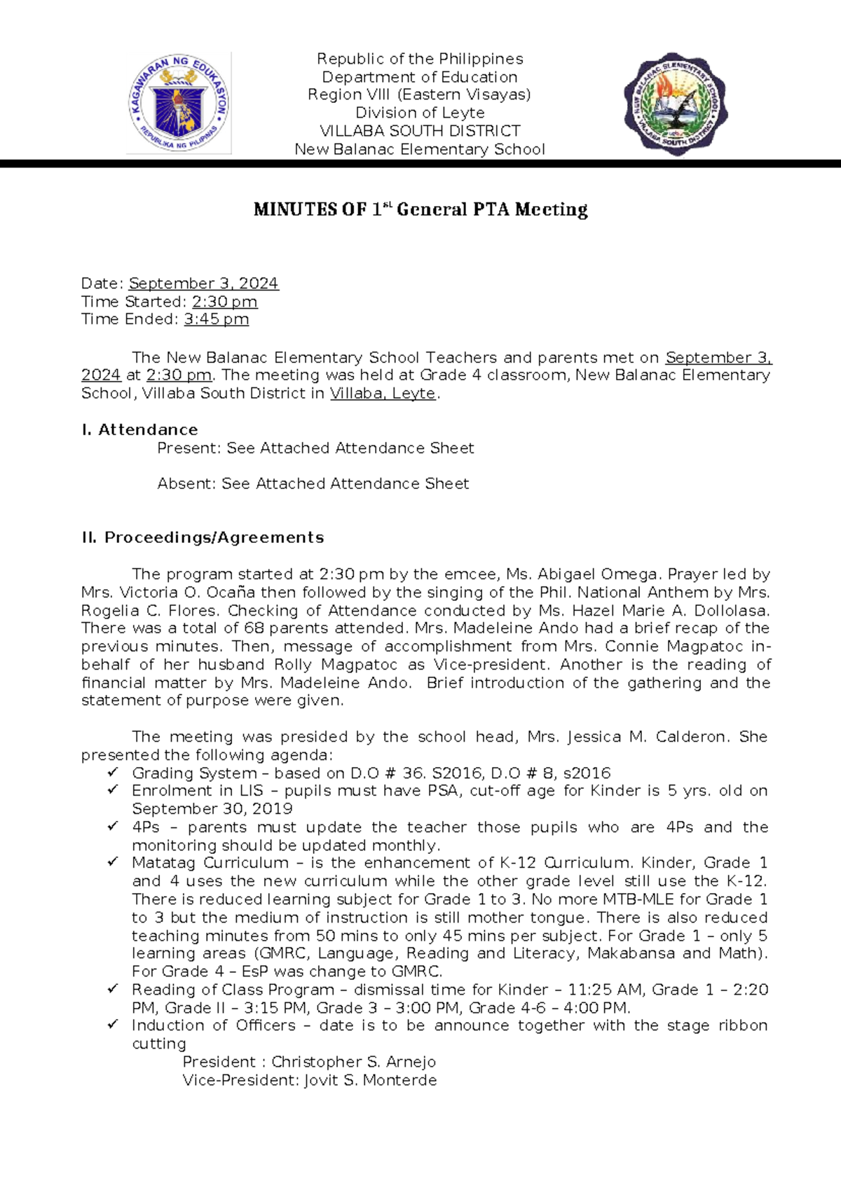 1st General PTA Meeting Minutes 2024-25 at New Balanac Elementary - Studocu