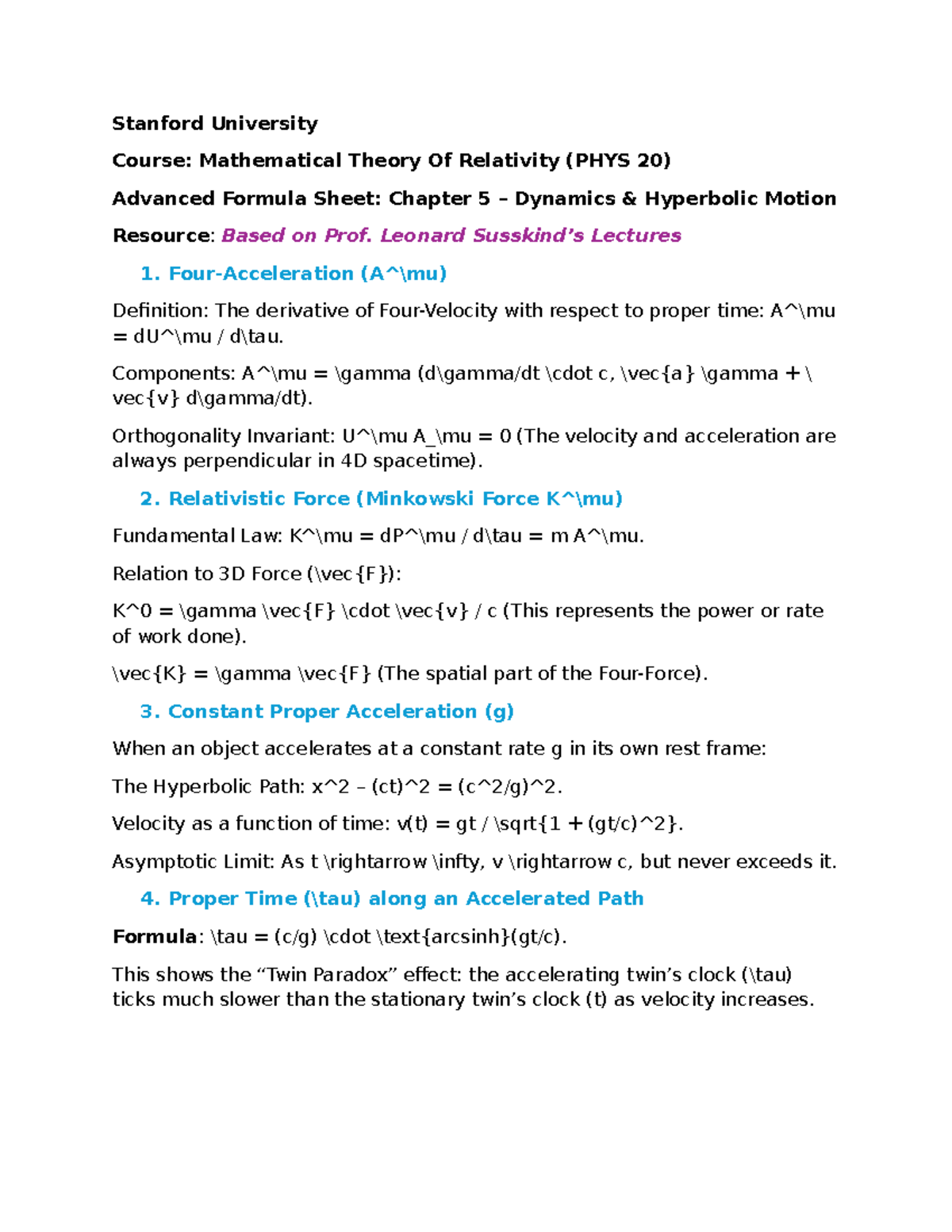PHYS 20 Advanced Formula Sheet: Chapter 5 Dynamics & Hyperbolic Motion ...