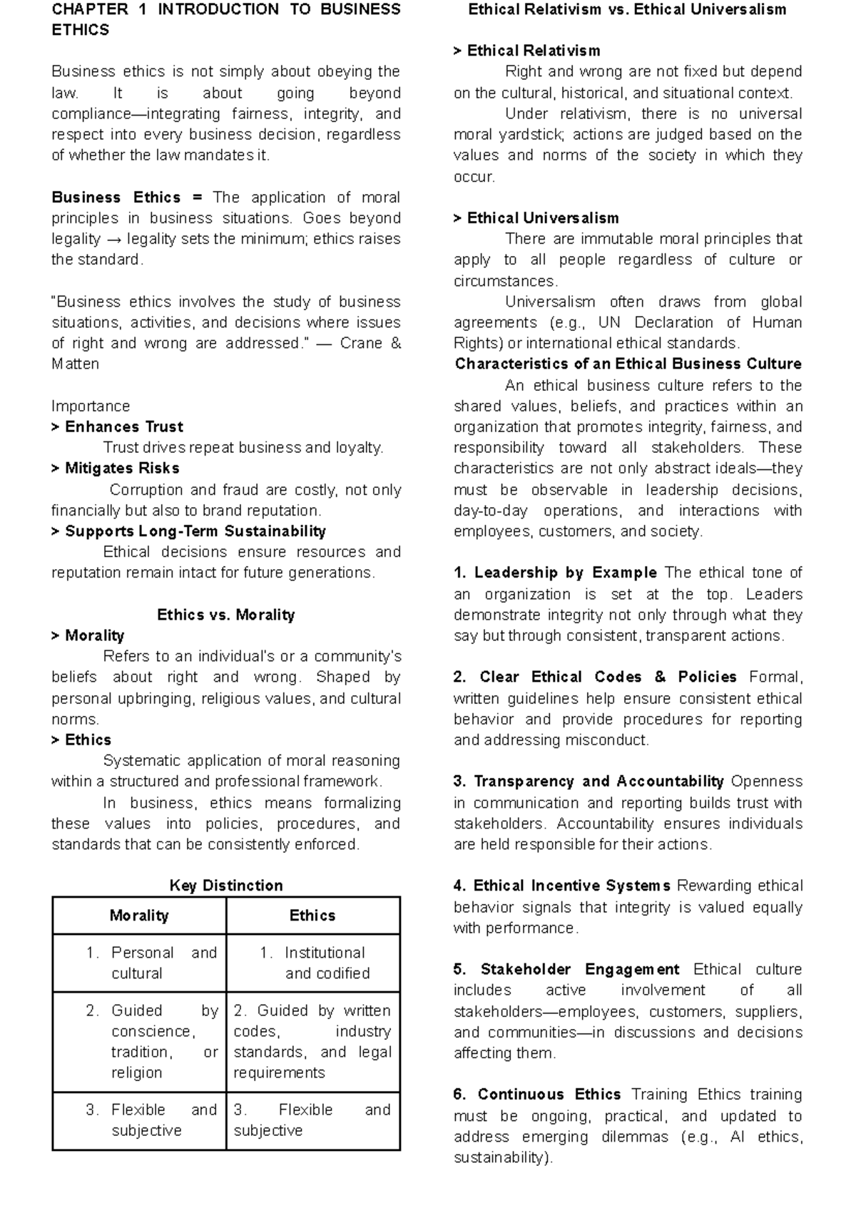 BUSINESS ETHICS: CHAPTER 1 & 2 OVERVIEW AND FRAMEWORKS - Studocu