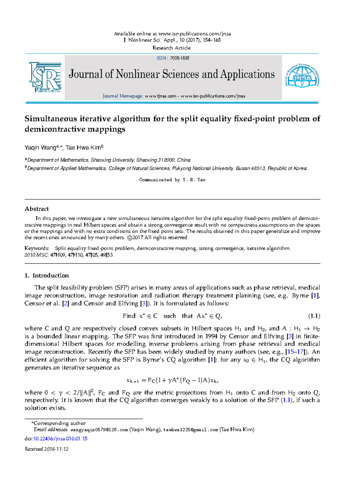 Simul. Iterative Algorithm for Split Equality Fixed-point Issue in ...