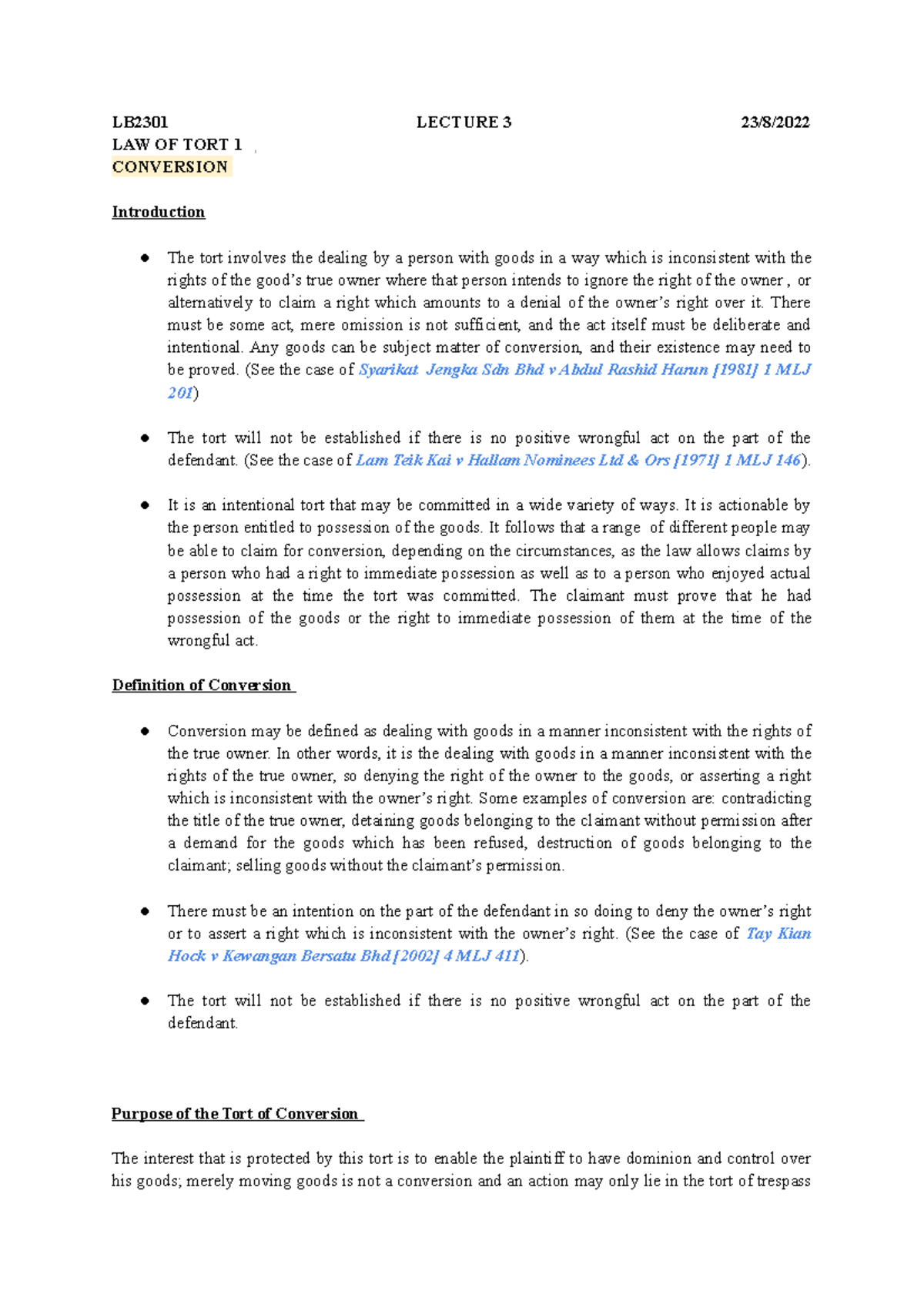 LB2301 Lecture 3: Understanding the Law of Tort and Conversion - Studocu