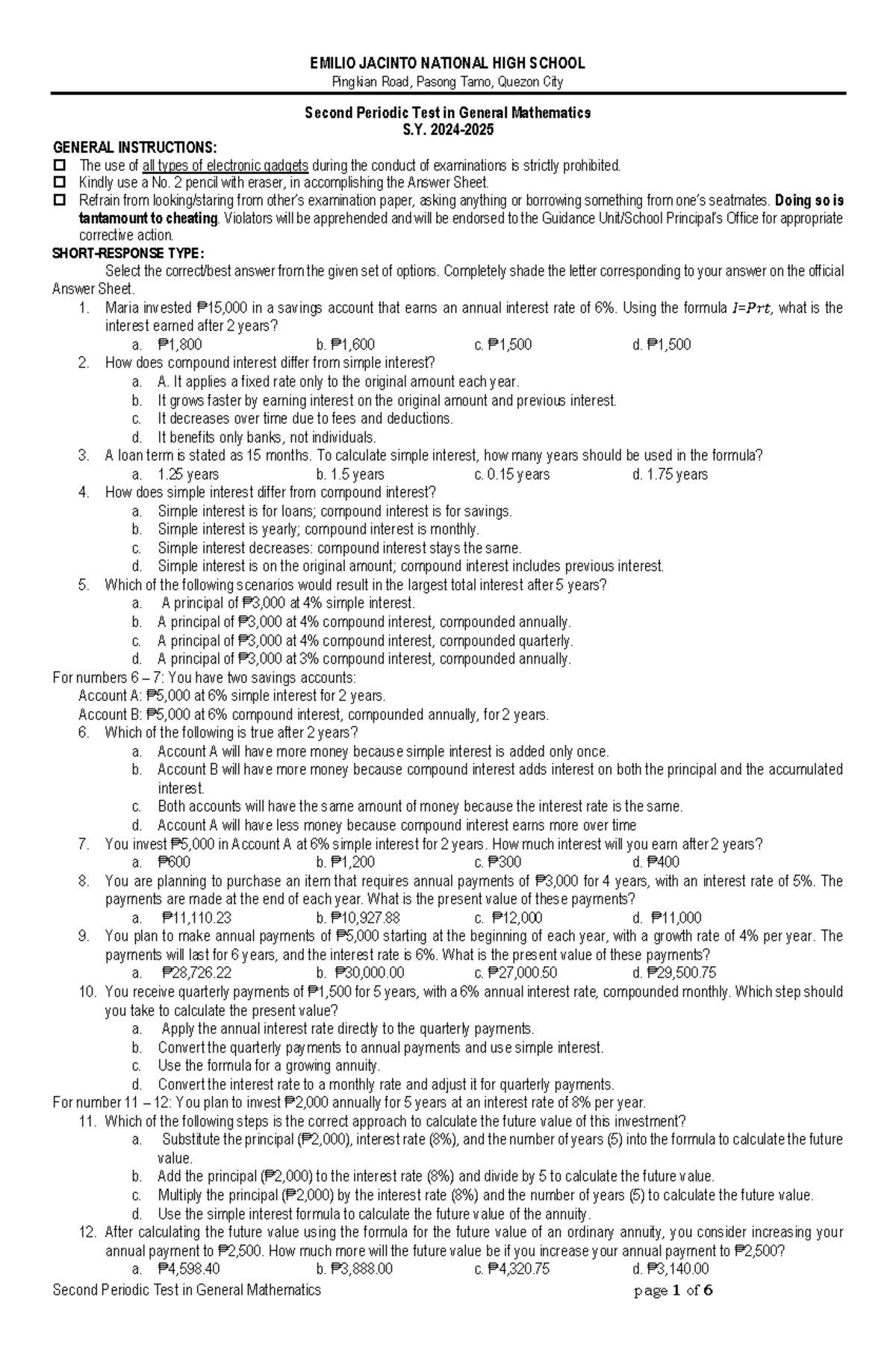 General Mathematics EXAM 2nd - EMILIO JACINTO NATIONAL HIGH SCHOOL ...