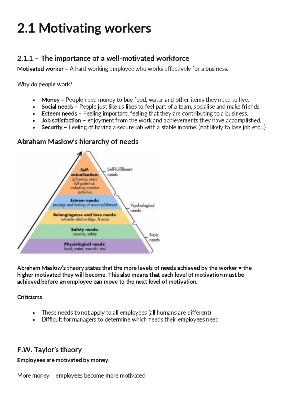 Revision Notes: Section 2 - Motivating Workers & Management Strategies ...