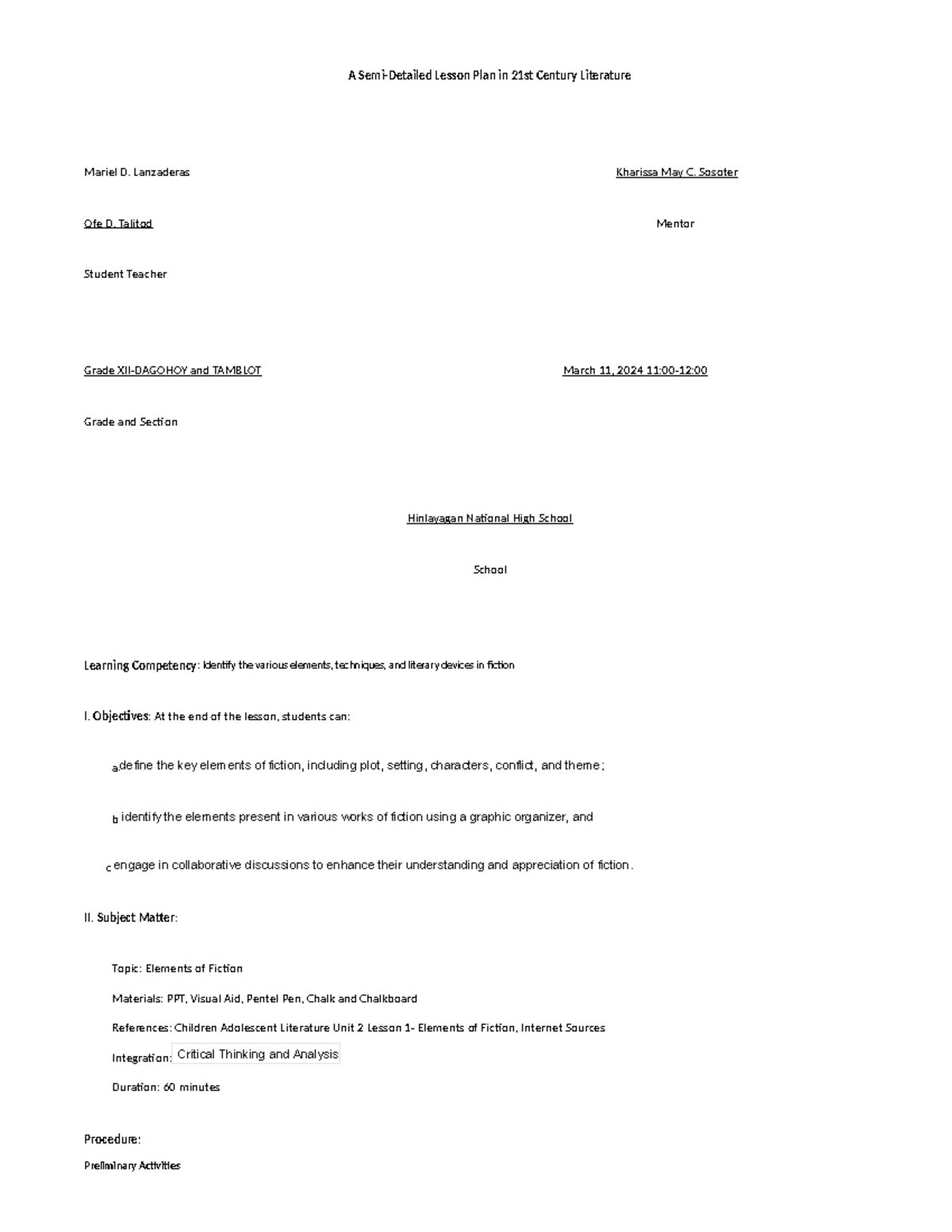 Fiction-lesson-plan - Enjoy - ####### A Semi-Detailed Lesson Plan in ...